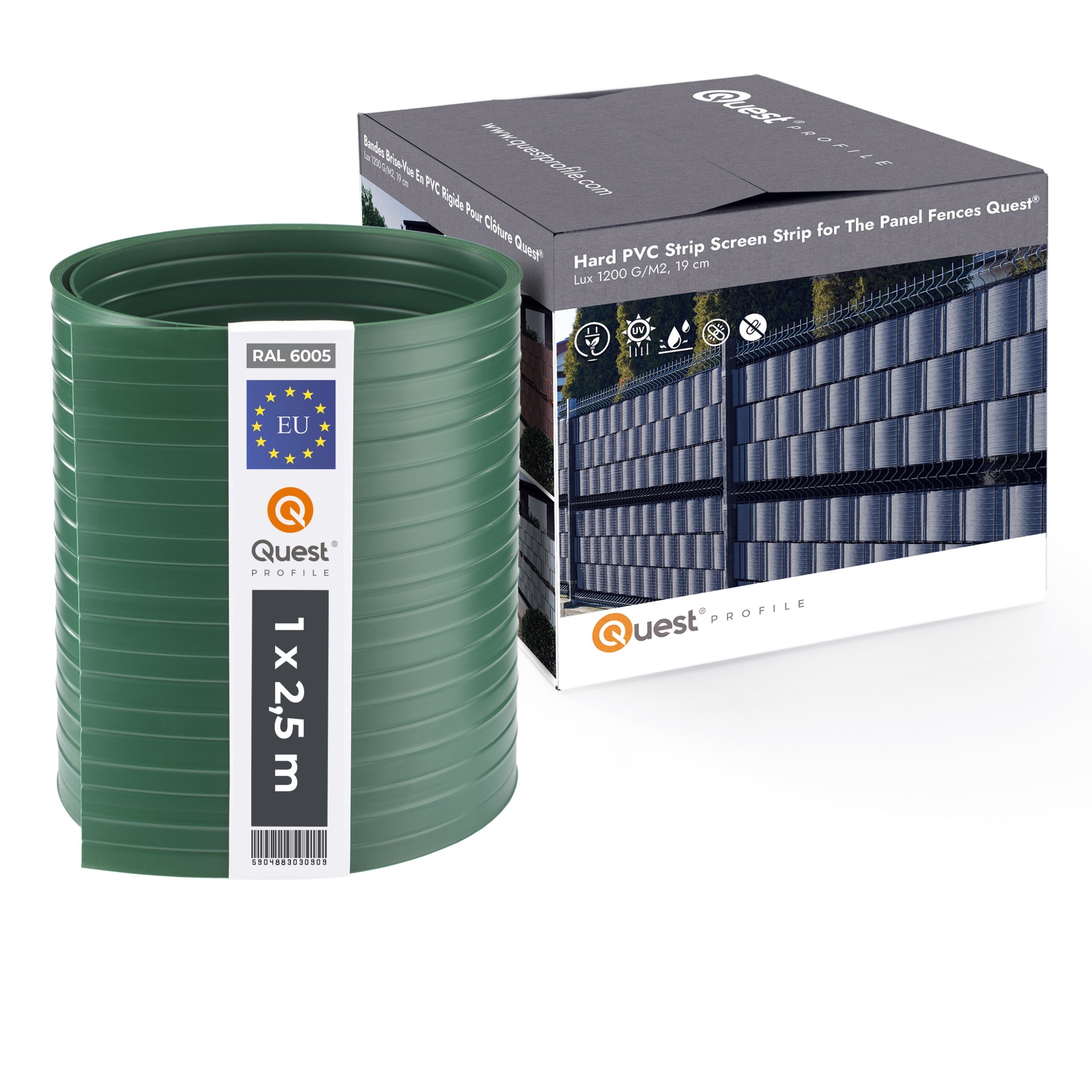 QUEST Taśma ogrodzeniowa PCV 19cm, listwa do ogrodzeń panelowych premium, 900 g/m2, RAL6005, zielony, 2,525 m