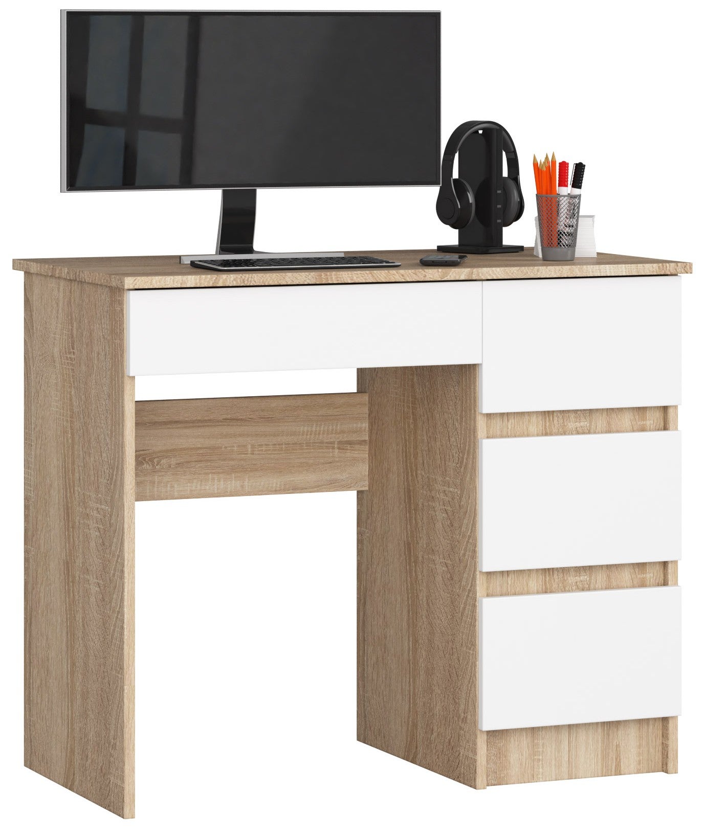 Biurko komputerowe AKORD A7 Dąb Sonoma 90 cm prawe 4 szuflady kolor Biały mat 90x50x77 cm