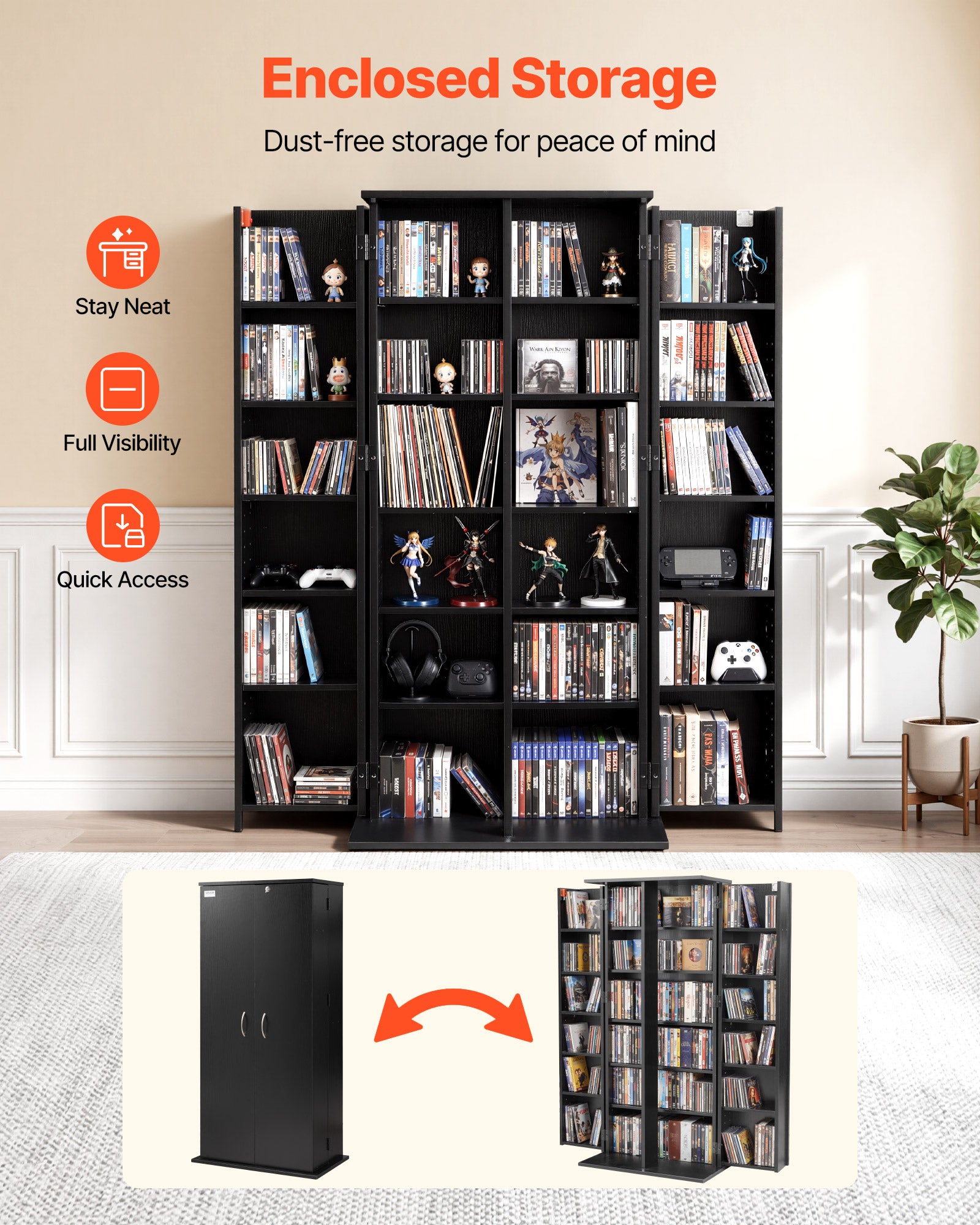 Estante VEVOR, armário multimédia de 6 níveis, estante com portas e prateleiras ajustáveis ​​para CD, DVD, livros e jogos, 610 x 368 x 1270 mm - 2