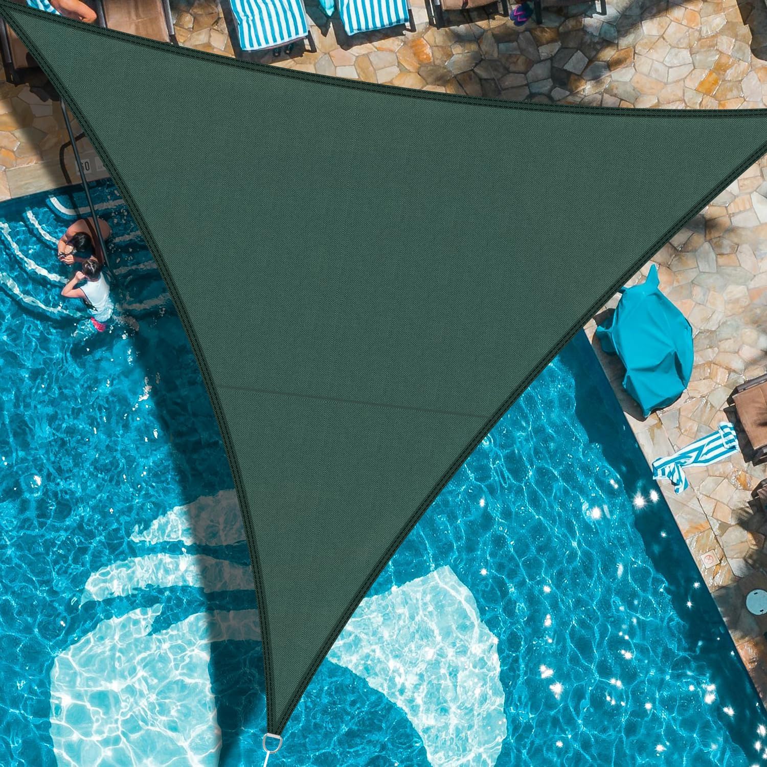 Żagiel przeciwsłoneczny trójkątny 3x3x3m, wodoodporny, z zielonej tkaniny zacieniającej PES z 95% ochroną UV, do ogrodu na zewnątrz