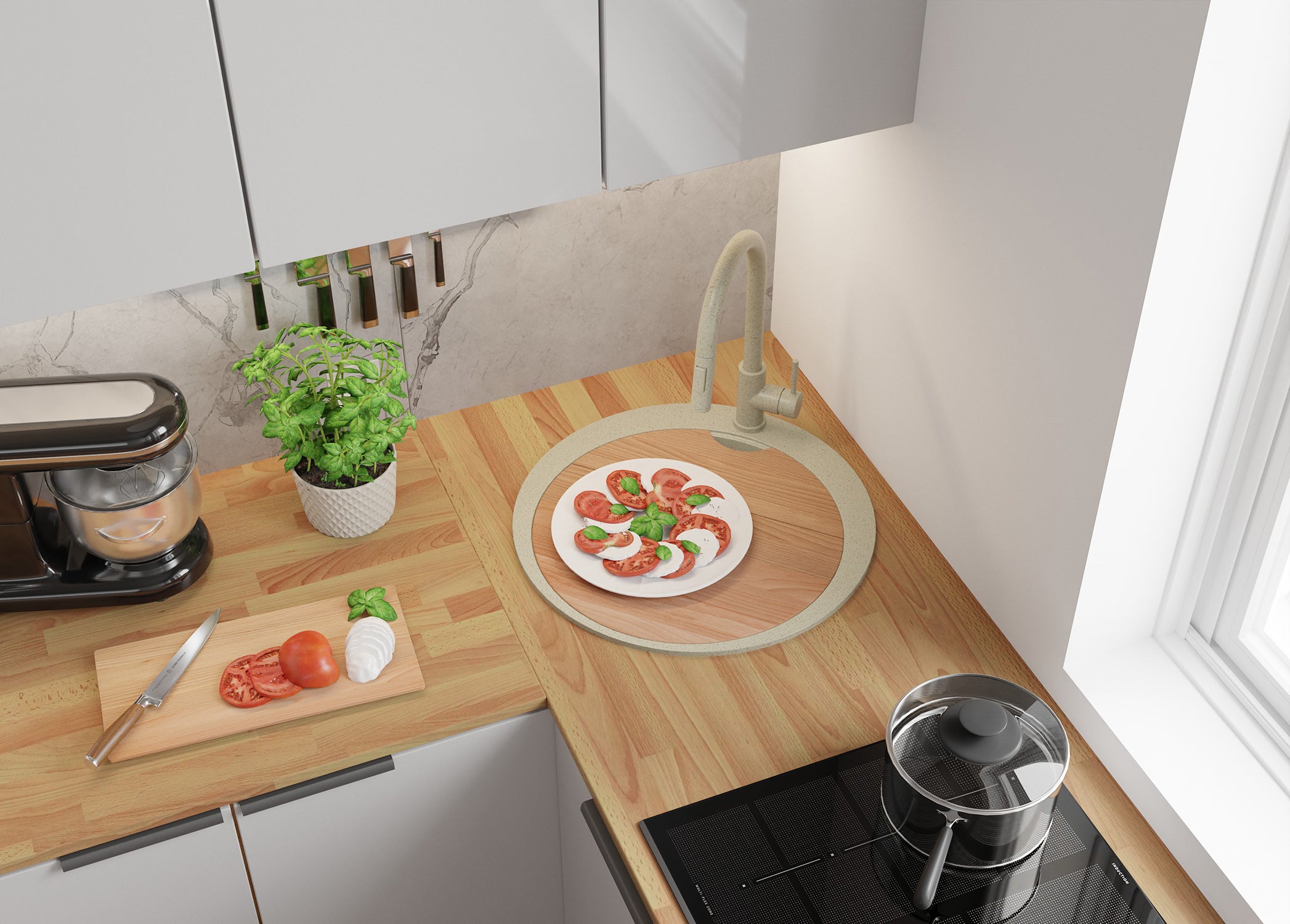 Zlewozmywak Granitowy Okrągły Beżowy 53x53cm, Zlew Kuchenny 1 Komorowy + Syfon + Akcesoria, Nablatowy do szafki od 50cm - Piza Max PRIMAGRAN - 3