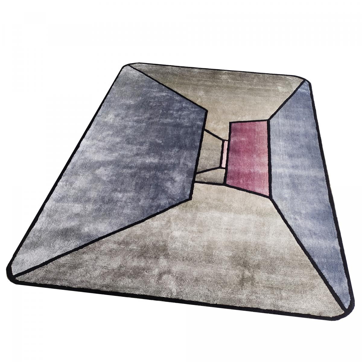 tapis salon 160x230 fait à la main en laine gris et bleu motif géométrique - 5