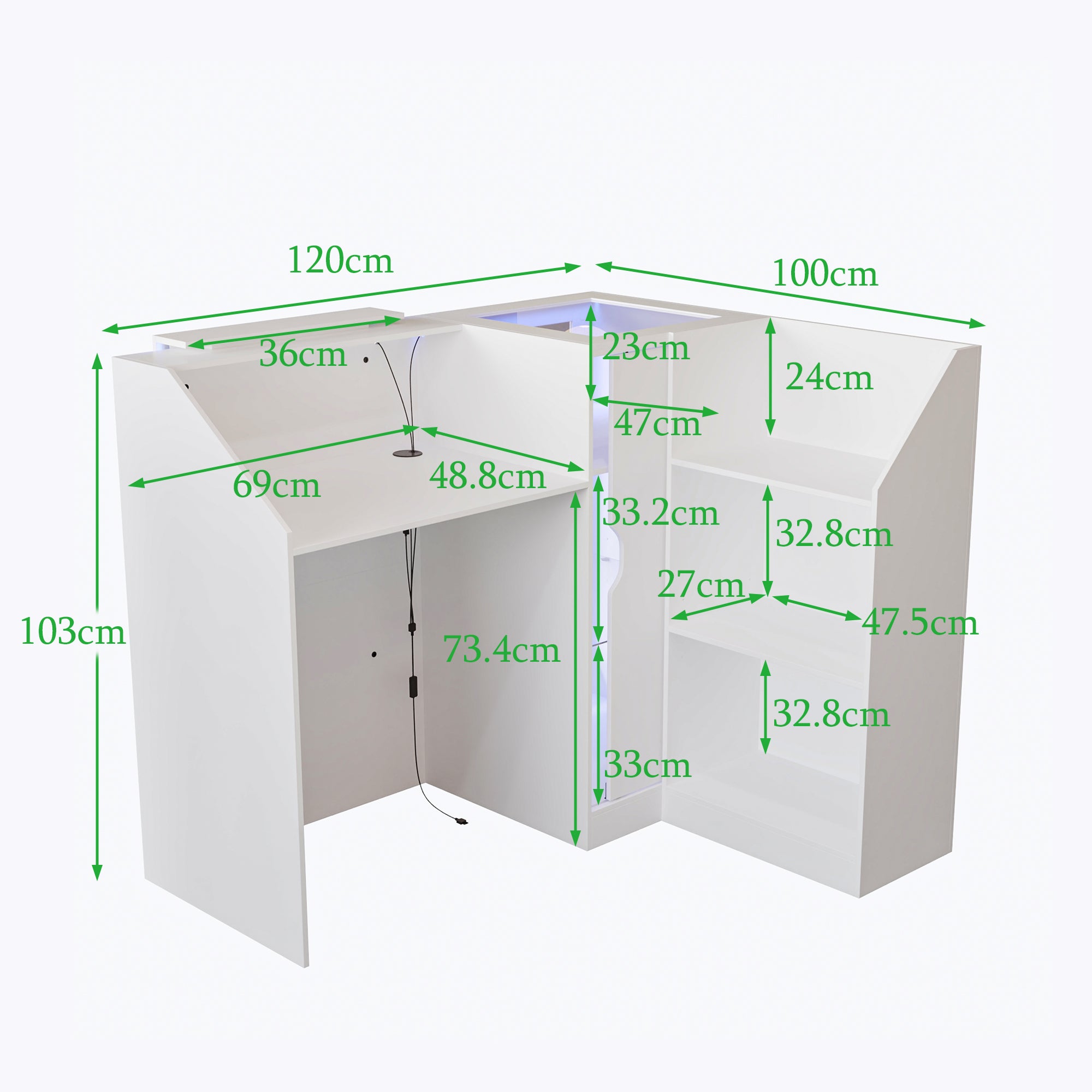Bureau d’Accueil en Forme L, Compartiments et Étagères en Verre , Comptoir de Réception à Éclairage LED, Bureau,120x100x103, Blanc - 3