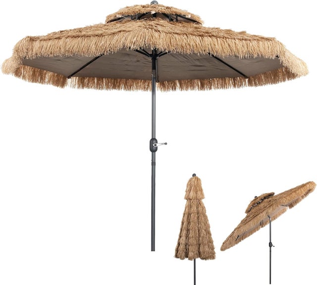3M Parasol Paille en PE, avec Double Toit Inclinable 30°, 8 Baleines, 12 Couches, Bloquer Soleil, pour Patio/Terrasse/Jardin, Base Non Incluse