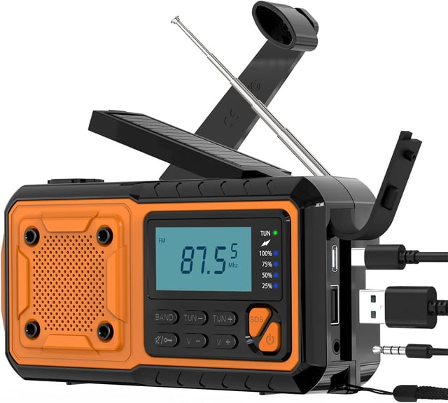 Radio Solaire Radio Portable, d'urgence Météo 4000mAh Radio à Manivelle avec FM/AM/SW Radio Dynamo, avec Lampe de Poche LED/Alarme SOS/Câble USB