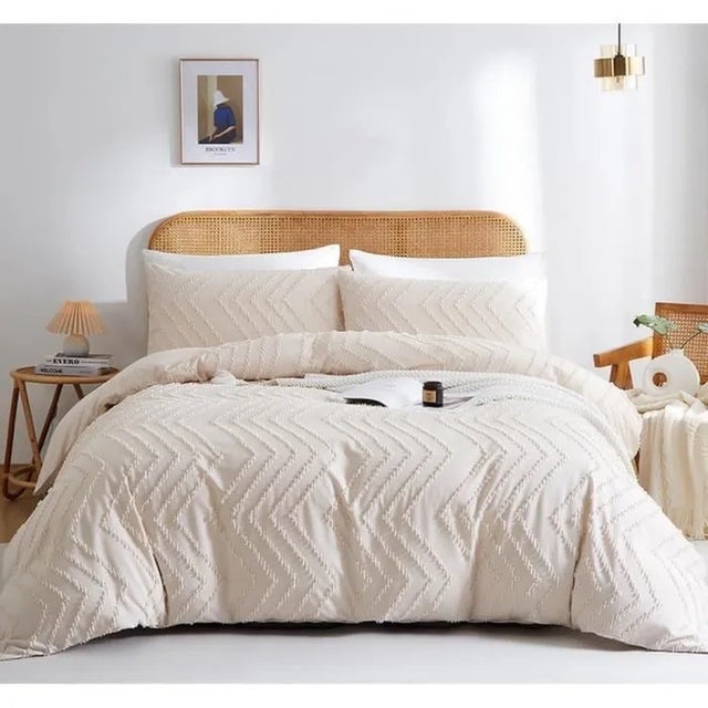 Housse de Couette 220x240 Tuftée Beige Ondulée Parure de lit 2 Personne avec Fermeture Éclair + 2 Taie d'oreiller 65 x 65