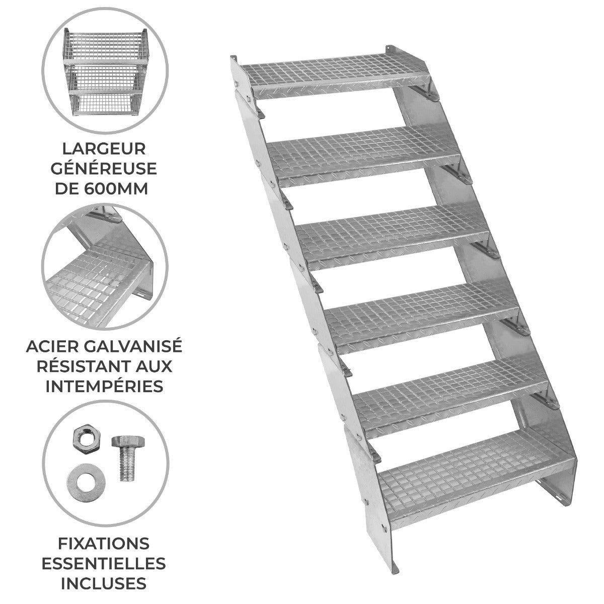 Scala in metallo a 6 elementi regolabile in altezza 60 cm / 600 mm di larghezza Acciaio zincato argento 6 gradini - 2
