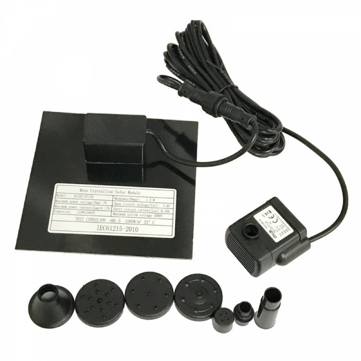 7V 1.2W Pompe Solaire Pour Fontaine, Pompe à Eau Solaire avec 6 Buses Kit de Fontaine Submersible sans Brosse，11*11cm，Longueur de ligne 3m - 2