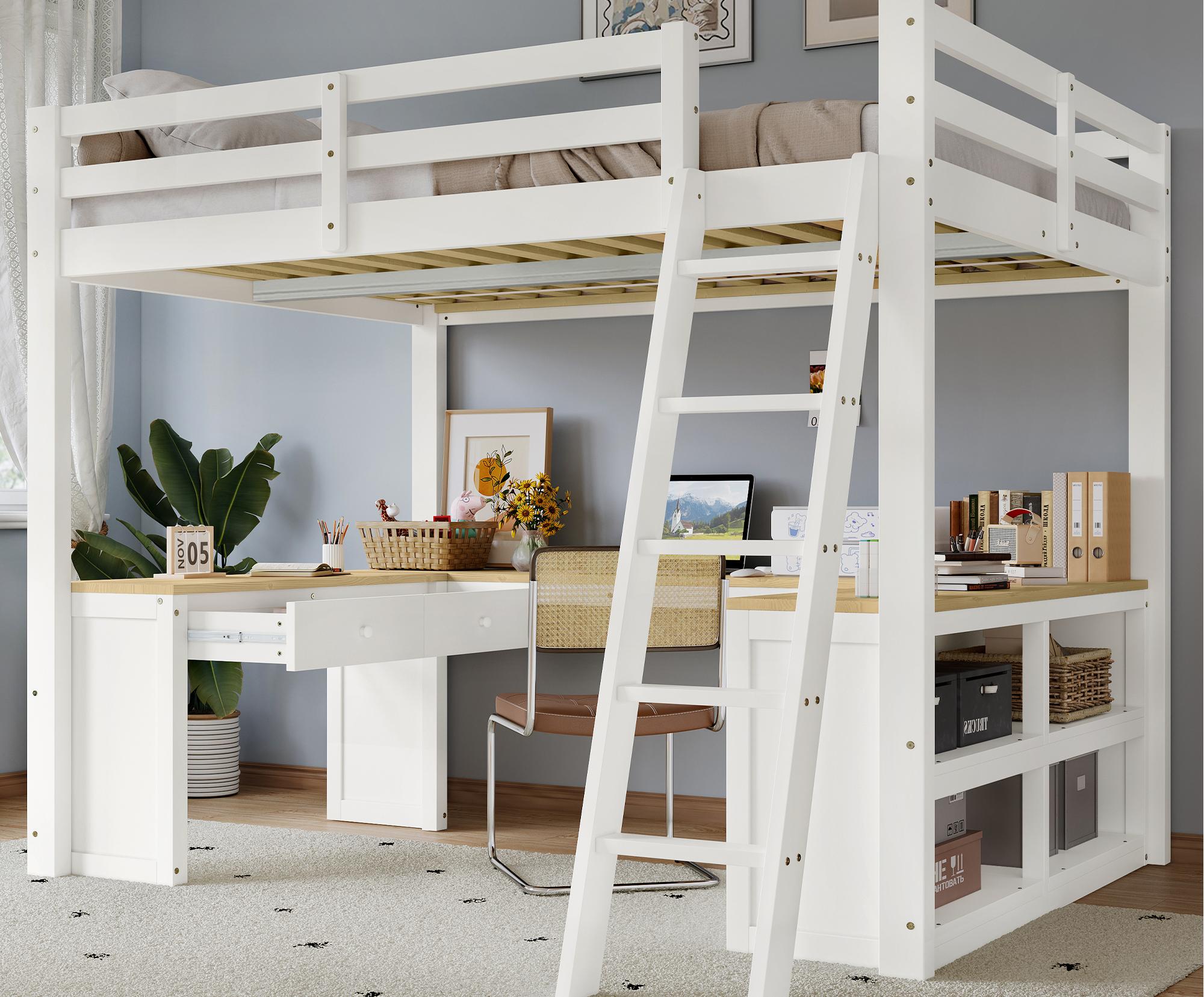 Łóżko piętrowe 140x200 cm - z 2 szufladami i półką - z biurkiem w kształcie litery U - lite drewno + MDF - białe + naturalne