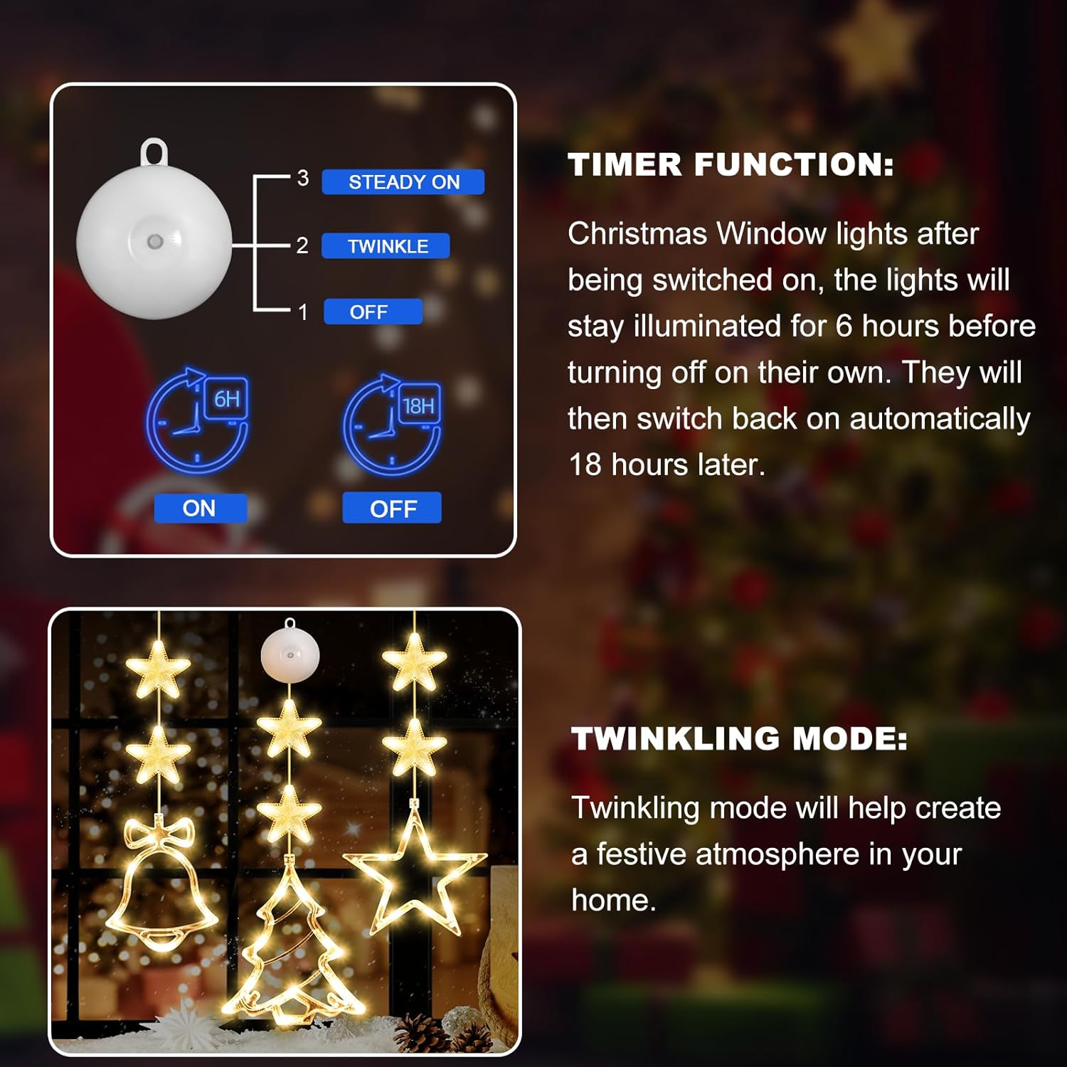 Trois guirlandes lumineuses à ventouses pour Noël, lumière blanc chaud, pour sapins de Noël, cheminées et décorations intérieures/extérieures - 3