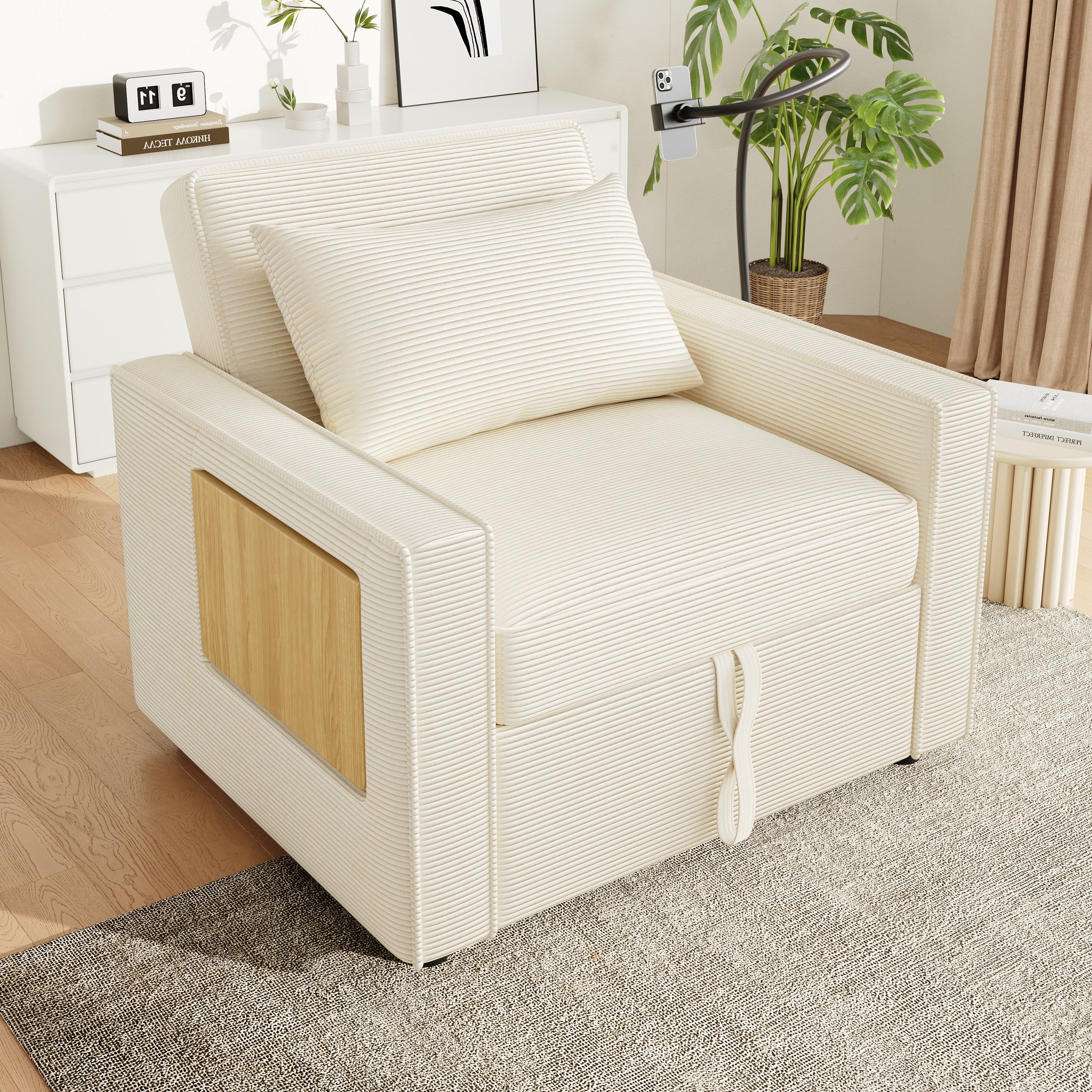 Wielofunkcyjna sofa rozkładana - z portami ładowania USB - z uchwytem na telefon - tkanina Corduroy - beżowa - 3