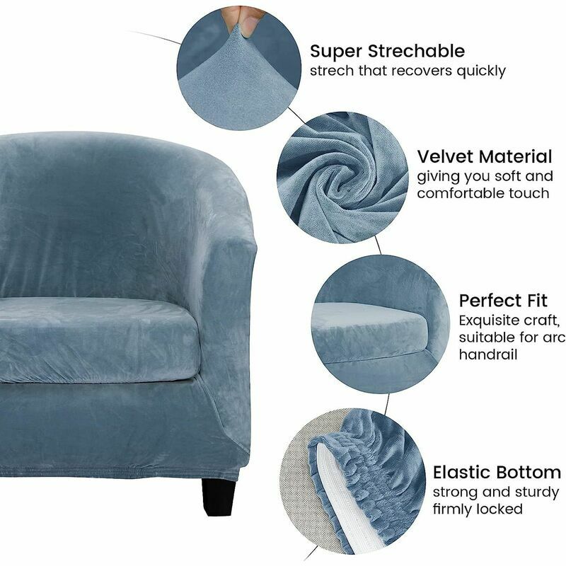Velours Housse de Fauteuil Ensemble de Deux Pièces Fauteuil Extensible Salon Fauteuil Cabriolet Tub Chair avec Housse de Coussin (Bleu Gris) - 2