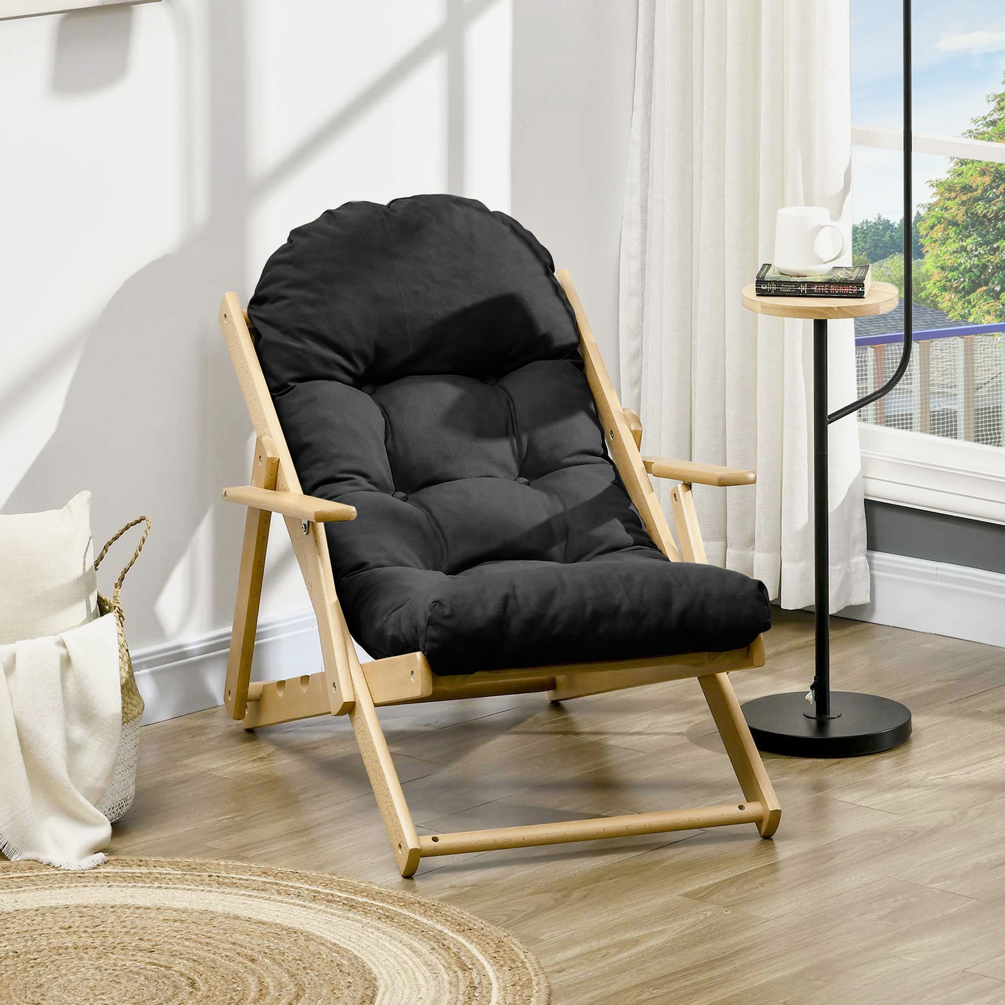 Fauteuil et méridienne de salon pliables et inclinables en bois, fauteuil confortable et relaxant avec coussin épais capitonné - 4