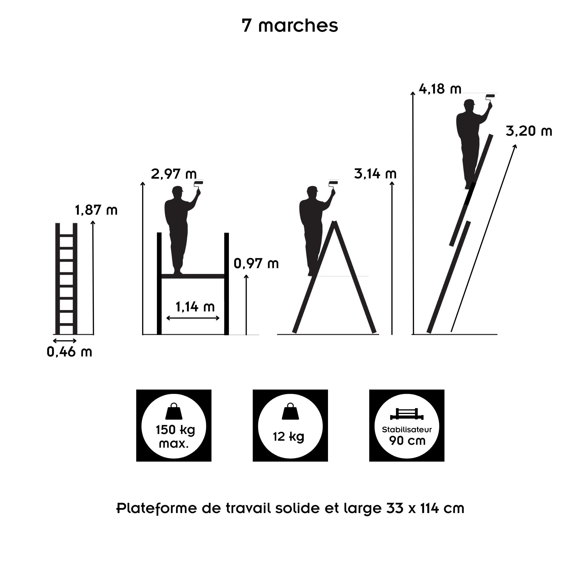 HIGH Echelle 2 plans en aluminium modulable échafaudage escabeau plateforme de travail 7 marches - 4