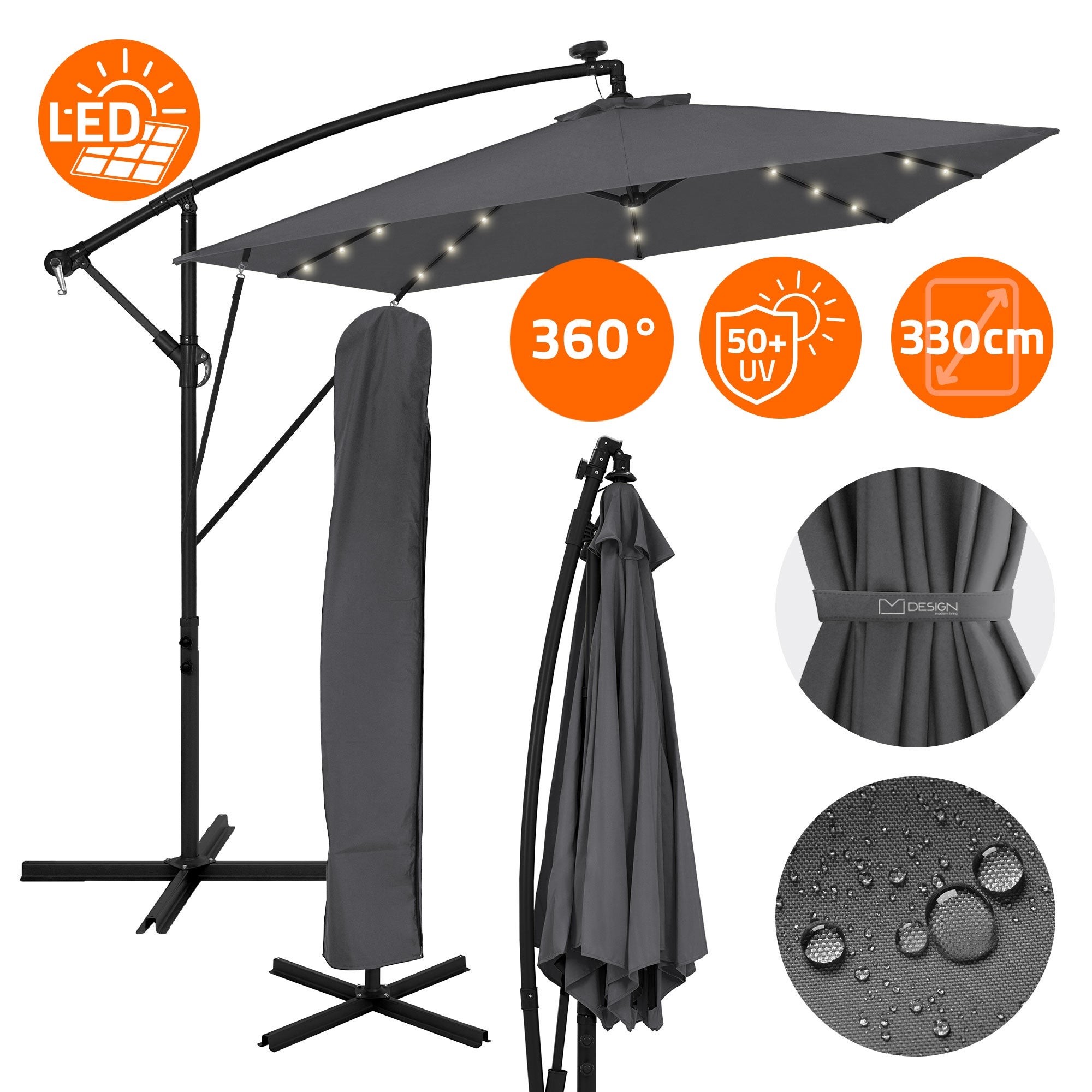 ML-Design parasol ogrodowy ø330cm led solar antracyt aluminiowy z korbką uv50+ wodoodporny obrotowy 360° markiza przeciwsłoneczna taras ogród balkon