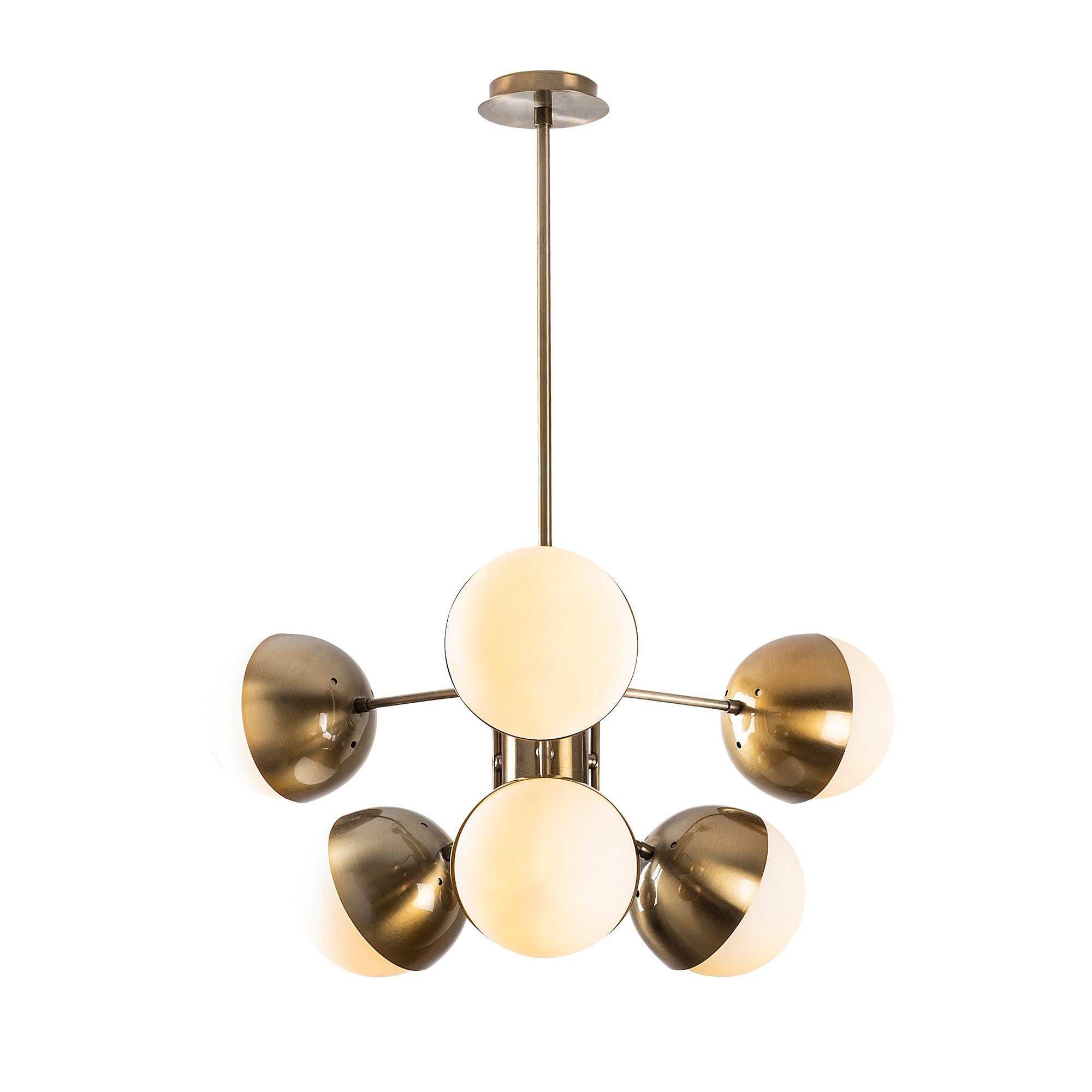 Lampadario in Legno ed Ottone da Soffitto con Catena e Coppe in Vetro Decorato