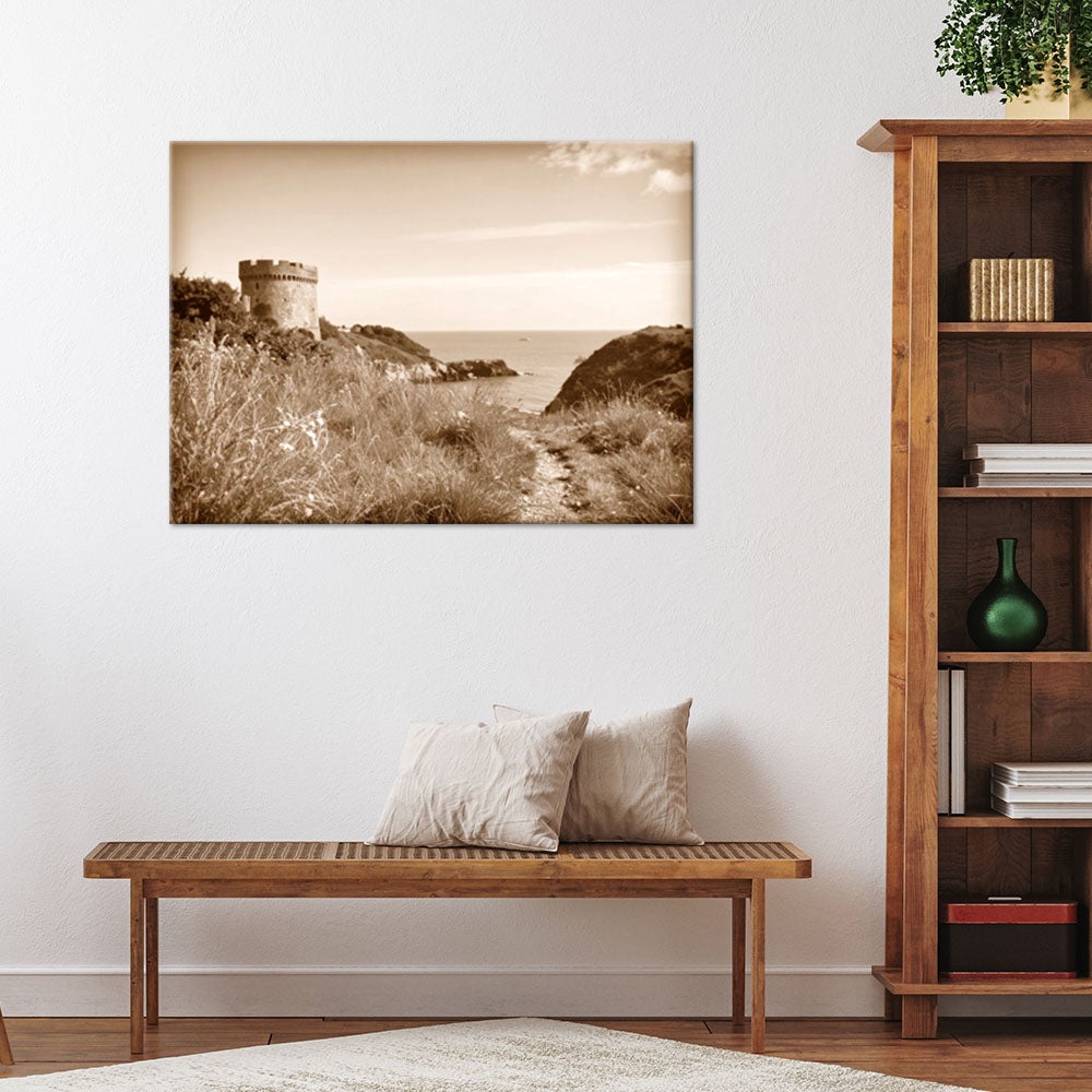Obraz do salonu sypialni biura, Krajobraz morski sepia klif ścieżka wieża w stylu retro 60x40 - 2