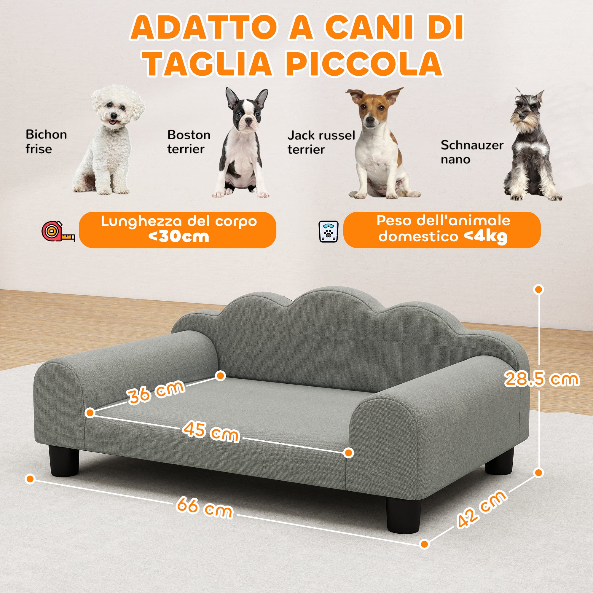 PawHut Divano per Cani con Braccioli di Supporto, in Legno e Tessuto French Terry, 66x42x28.5 cm, Grigio - 3