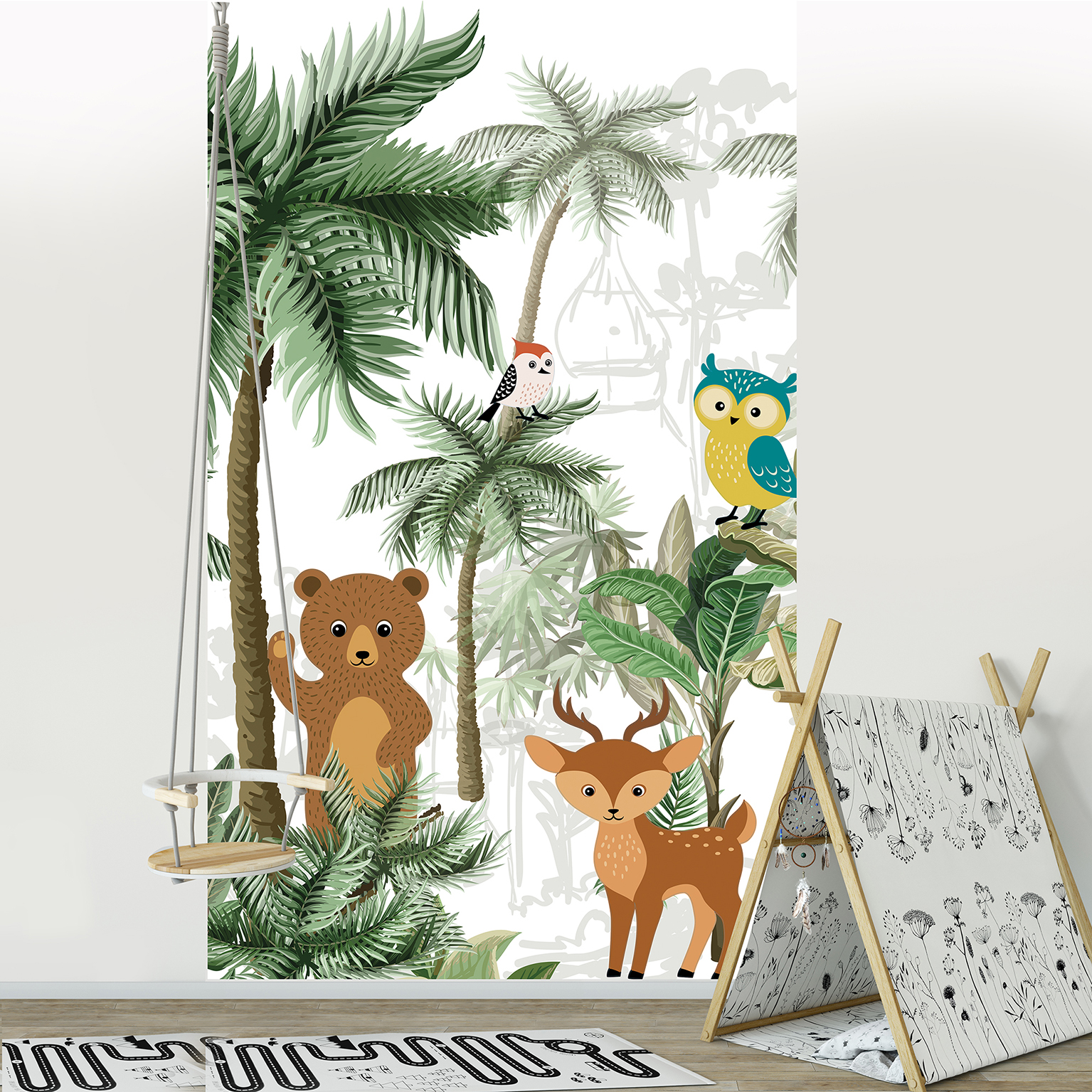 Papelera panorámica introductiva, ilustración de animales de bosque, en un bosque tropical, dormitorio infantil temático, 250 cm x 150 cm