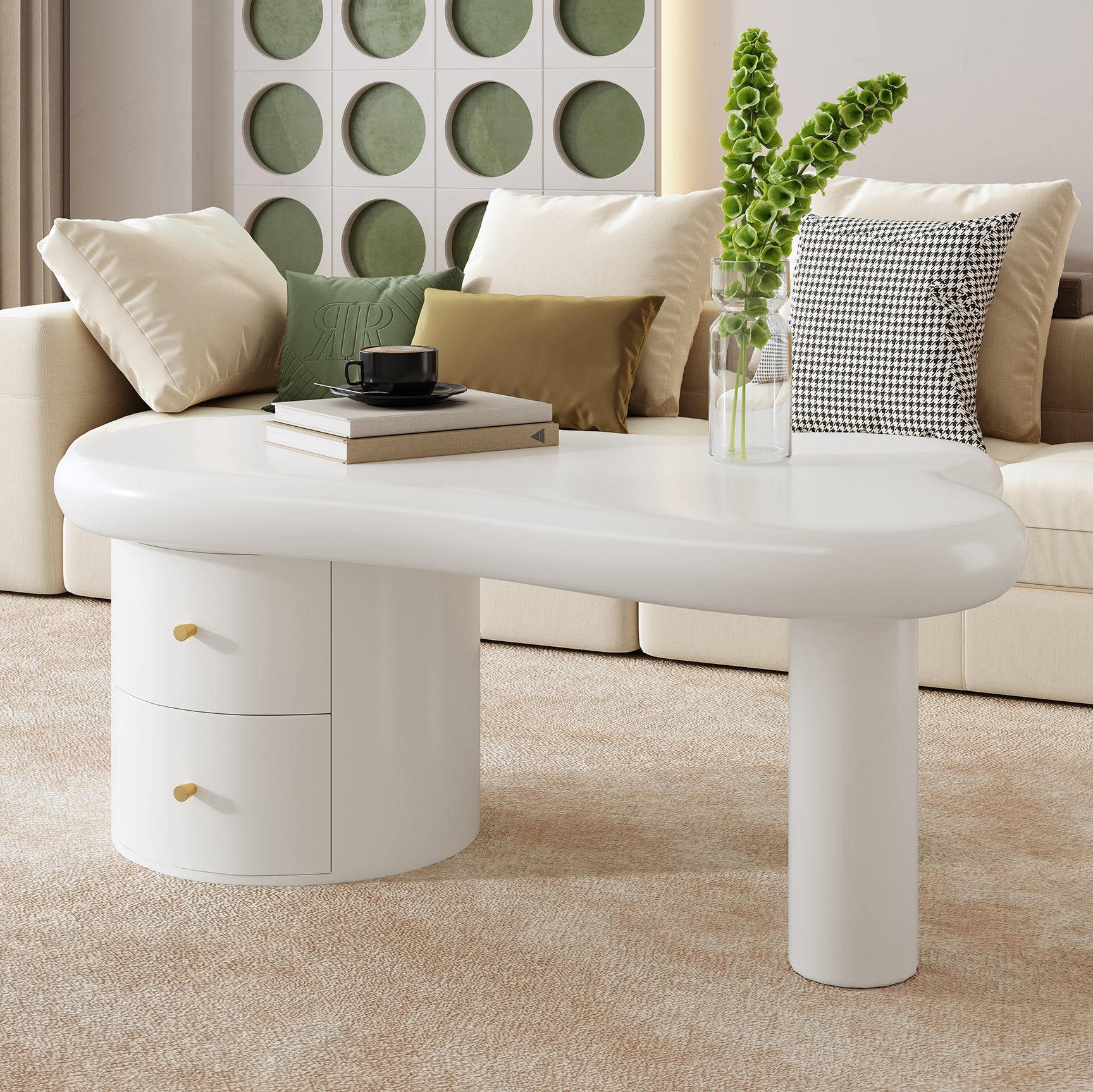Table basse blanche moderne de forme irrégulière, 2 tiroirs, élégante, stable, pour le salon et usage polyvalent - 2
