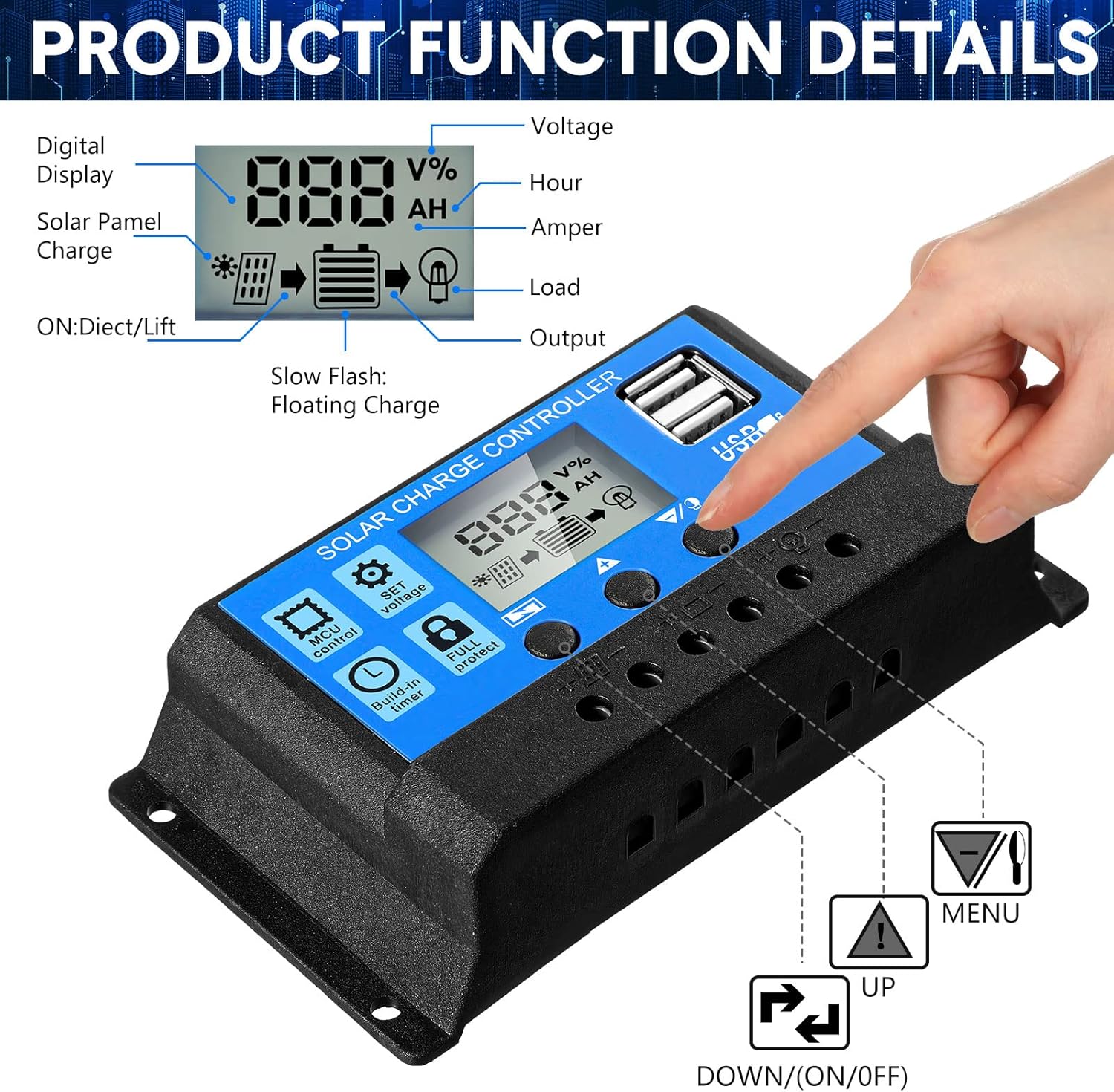 Controlador de célula solar 12V/24V, controlador de carga de painel solar, regulador de tensão com display LCD ajustável, temporizador, (10A) - 5