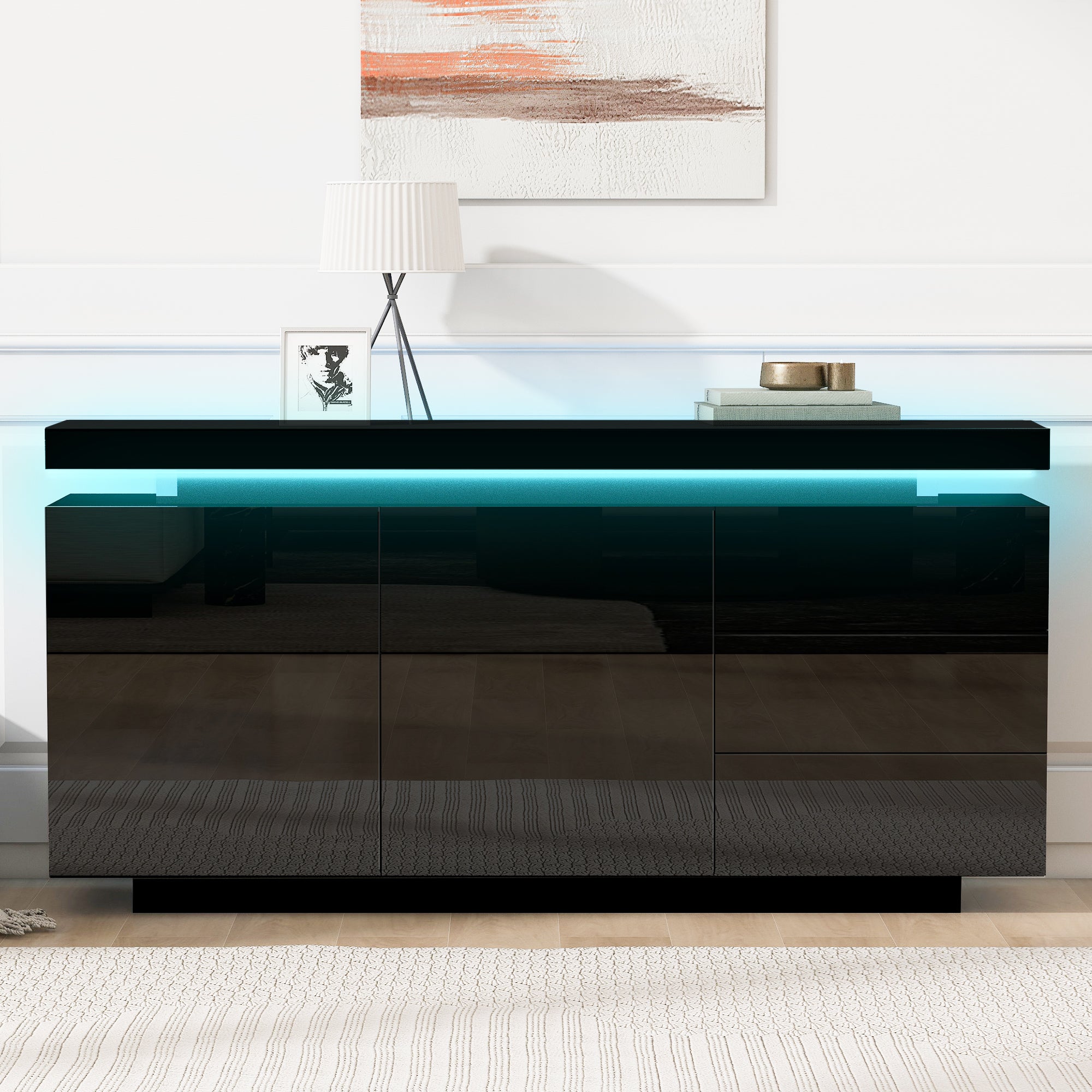 Nowoczesna niska komoda z 2 drzwiami i 3 szufladami - 140 x 35 x 72,5 cm - LED - do salonu - Czarny połysk - 2