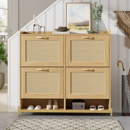 Élégant meuble à chaussures en bois avec portes en rotin – 4 portes, structure métal, étagère supérieure, rangement organisé. - 5