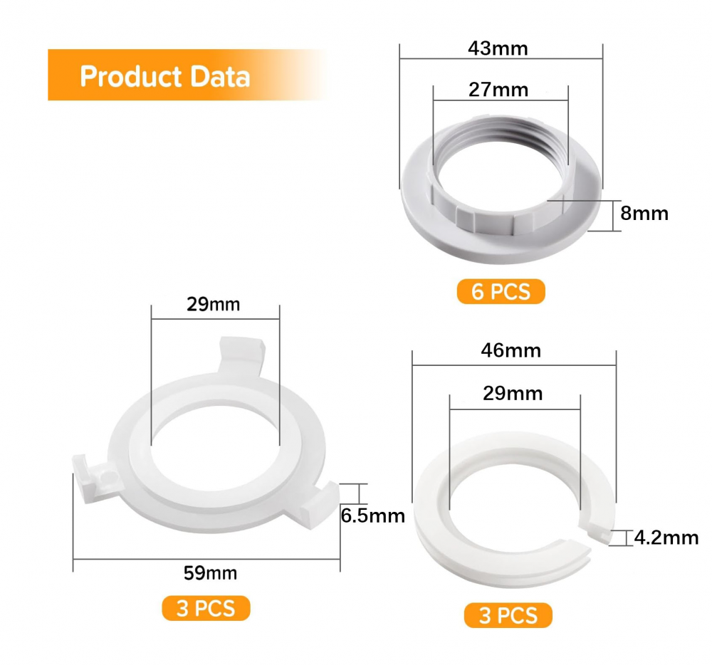 Vin beauty Anello riduttore per paralume, da E27 a E14, confezione da 2 anelli adattatori per paralume, anello di ricambio in plastica, 42 mm, 29 mm, adattatore a vite, bianco (Vin Beauty539838_1