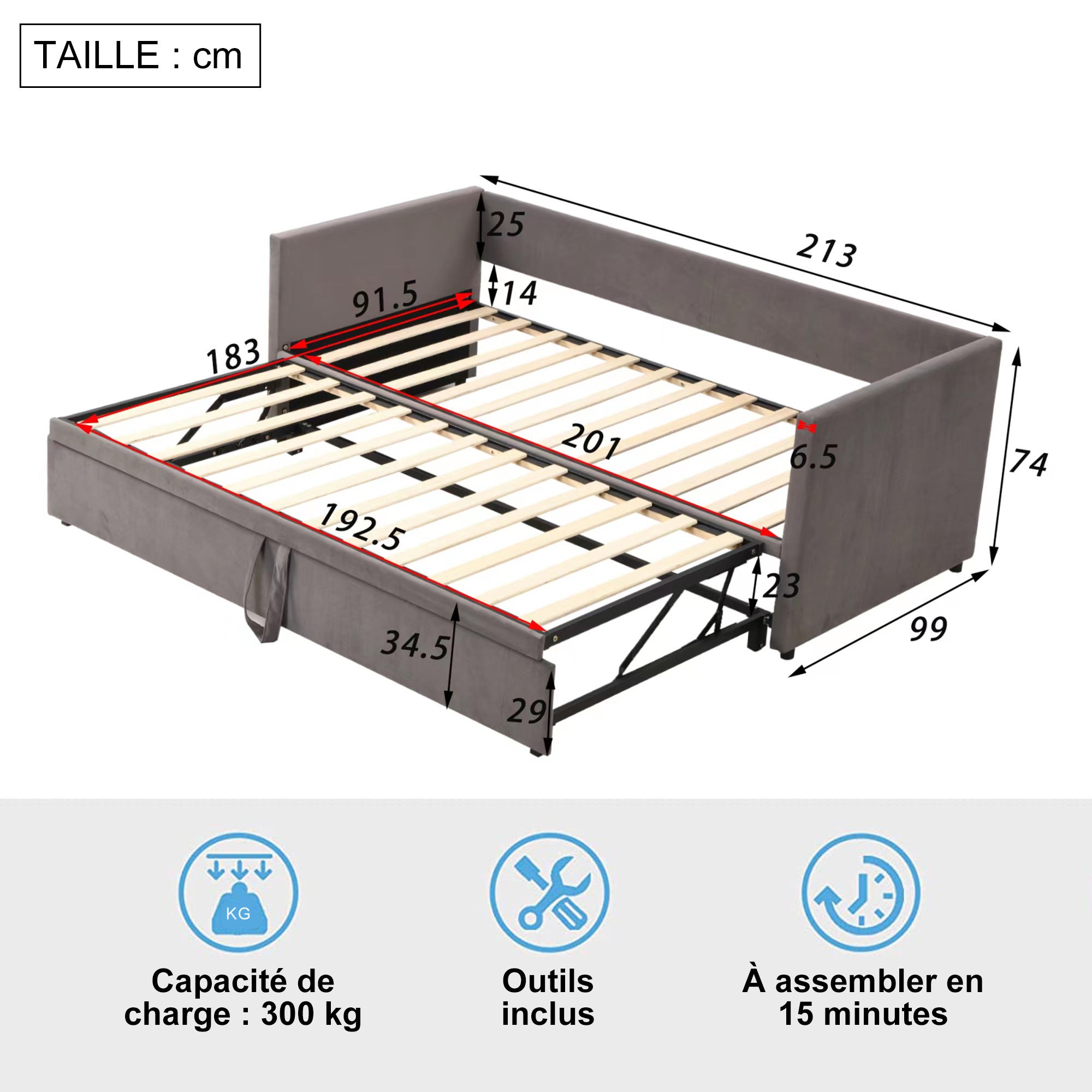 Canapé-lit extensible 90/180 x 200cm 2 Places, canapé convertible rembourré avec sommier à Lattes, velours, gris, sans matelas - 2