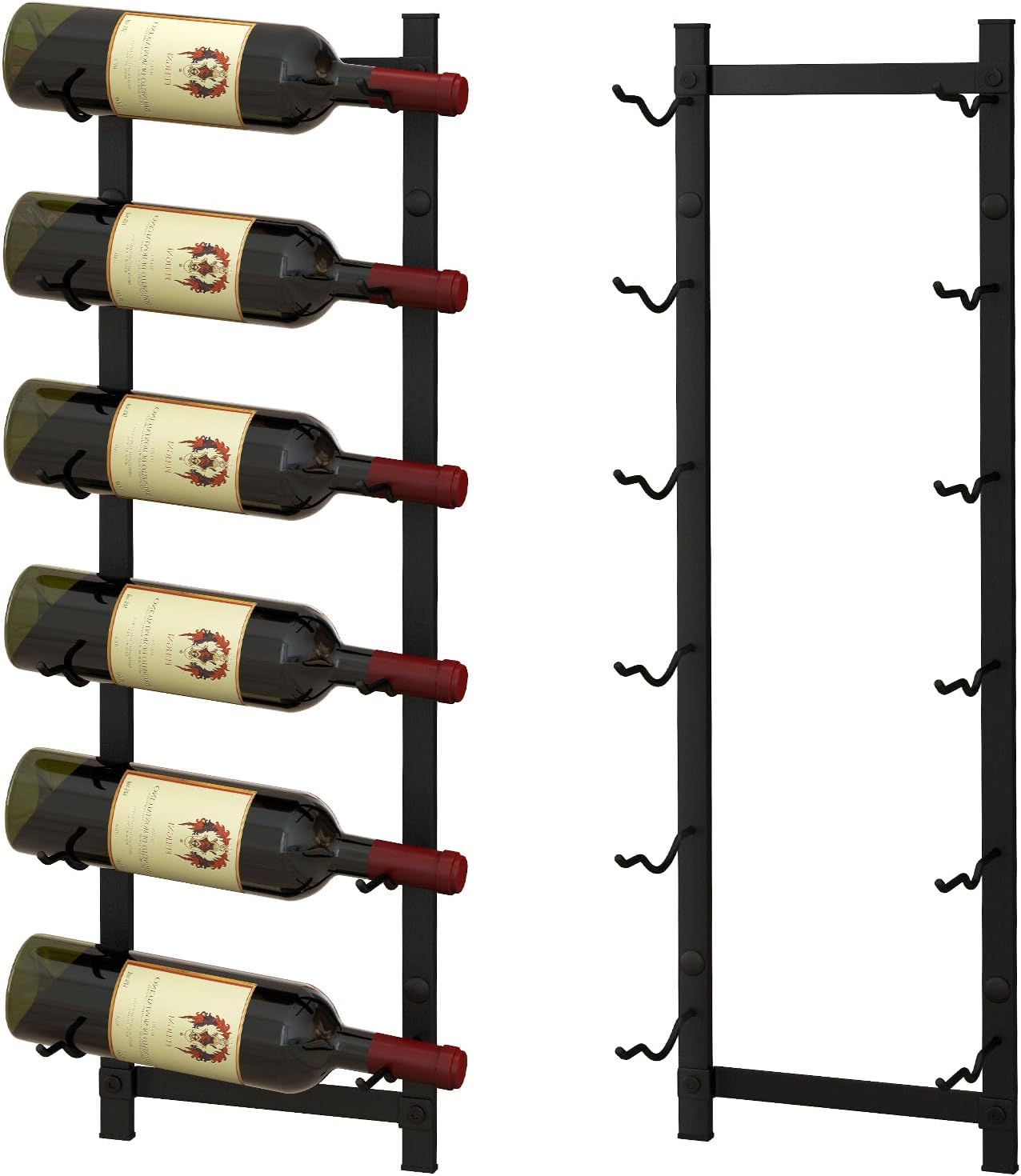 Regał na Wino do Montażu na Ścianie na 6 Butelek, Wiszący Stojak na Butelki z Metalu Odpornego na Rdzę, 22 × 13,5 × 73 cm