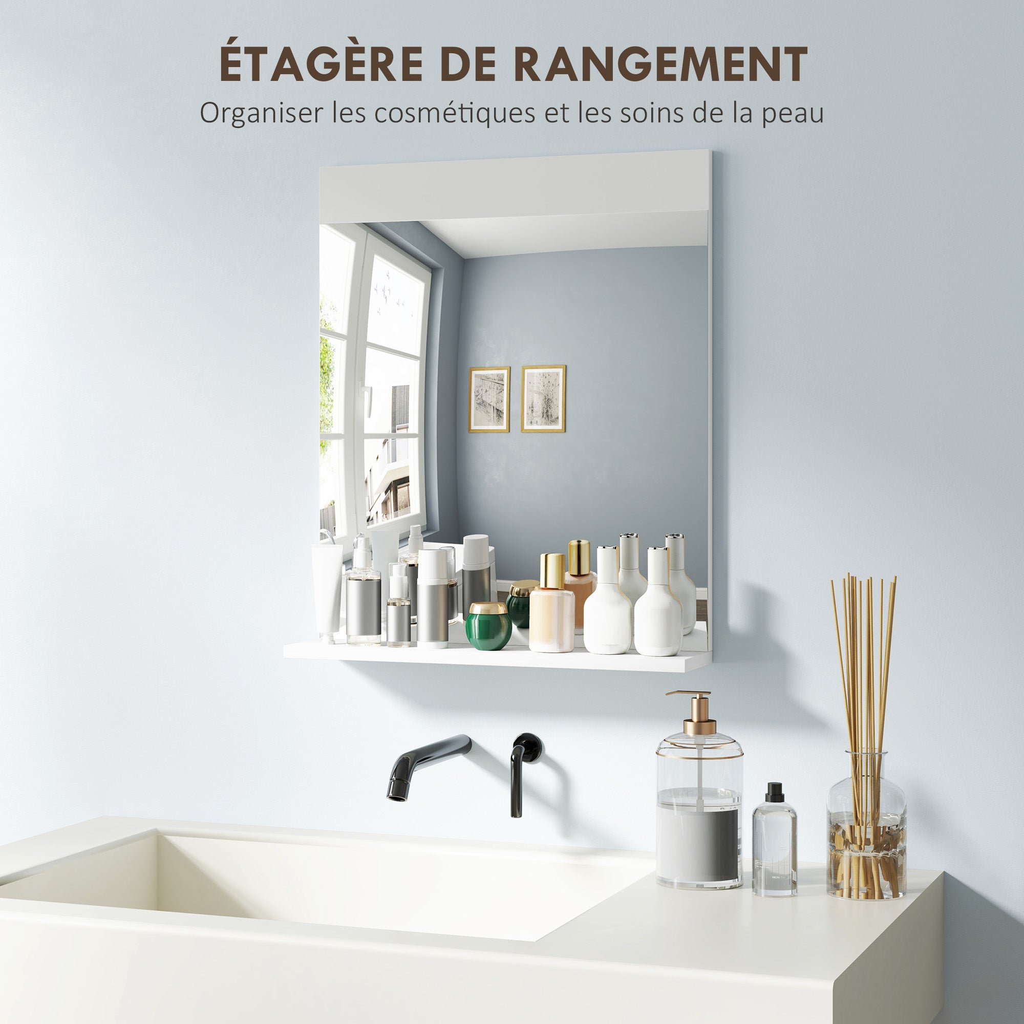 Miroir de salle de bain miroir mural avec étagère de rangement pour salon chambre 50 x 12 x 60 cm blanc - 6