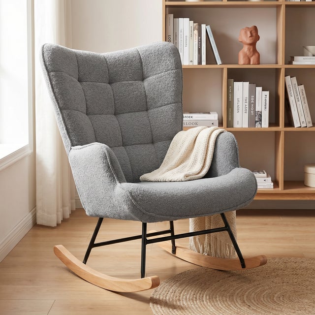 Fauteuil à Bascule, Rocking Chair d'Allaitement - Structure en métal et pieds bois massif, Maximale : 150 kg, Tissu Peluche Teddy, Gris, 75x68x92 cm