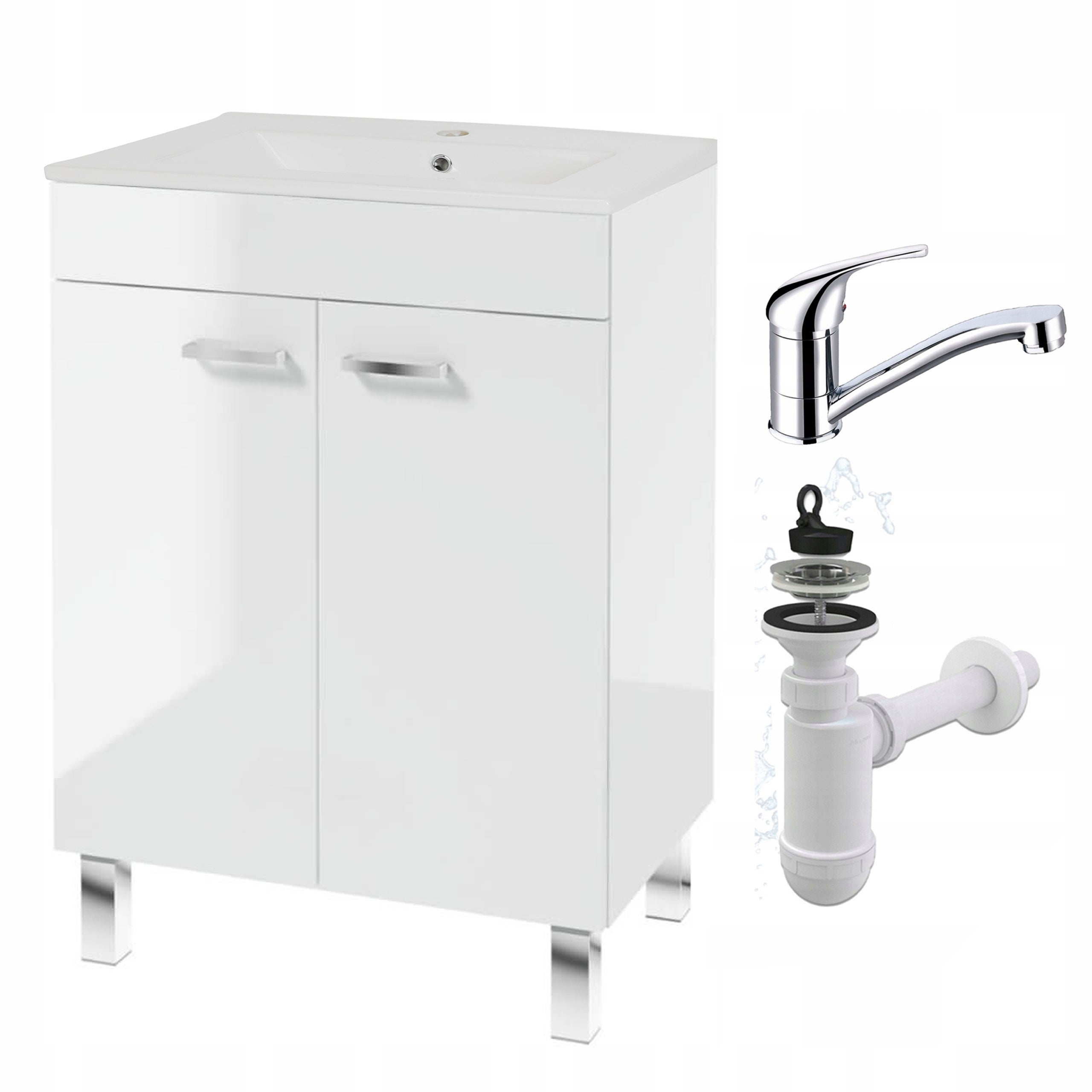 Szafka Łazienkowa Biała Stojąca 60 x 45 cm z Umywalką Połysk Bateria Obrotowa