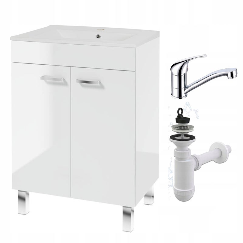 Szafka Łazienkowa Biała Stojąca 60 x 45 cm z Umywalką Połysk Bateria Obrotowa