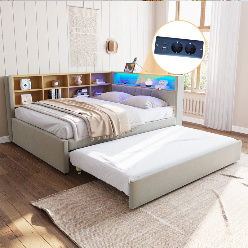 Sofa rozkładana 140x200 - z łóżkiem wysuwanym 90x190 cm - z wtyczką USB - wiele schowków - łóżko tapicerowane - Jasnoszary
