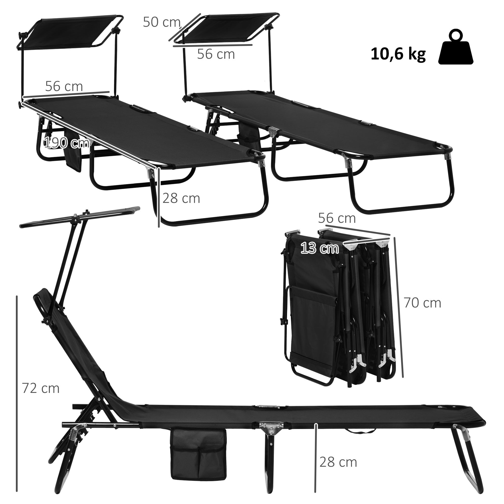 Ensemble de 2 chaises longues pliantes, chaises longues de jardin avec pare-soleil, dossier réglable en hauteur sur 5 positions, noires - 5