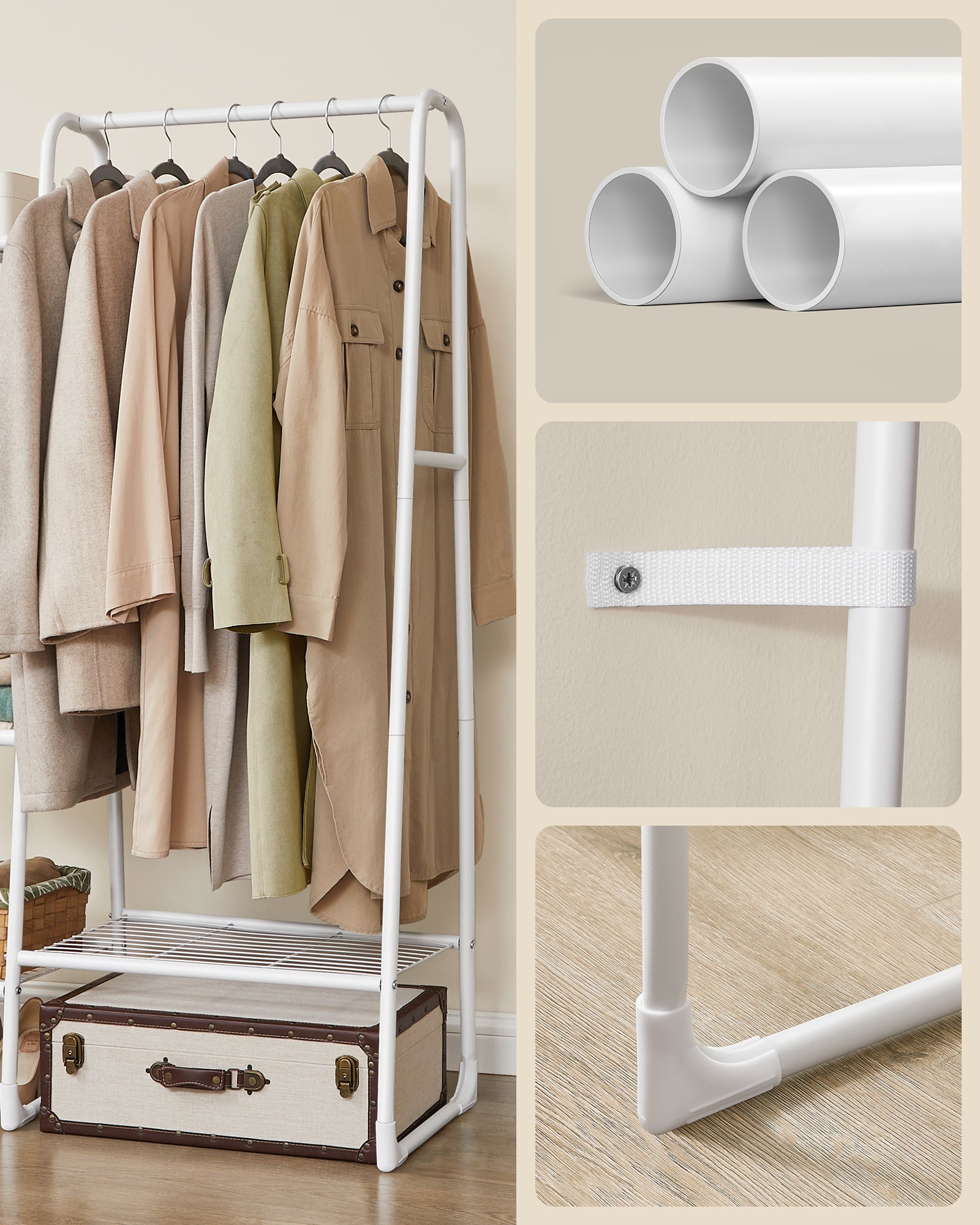 Portant à Vêtement, Penderie à Vêtements, 5 Étagères de Rangement, Structure en Métal, 40 x 101,7 x 153,3 cm, Blanc Mat - 4