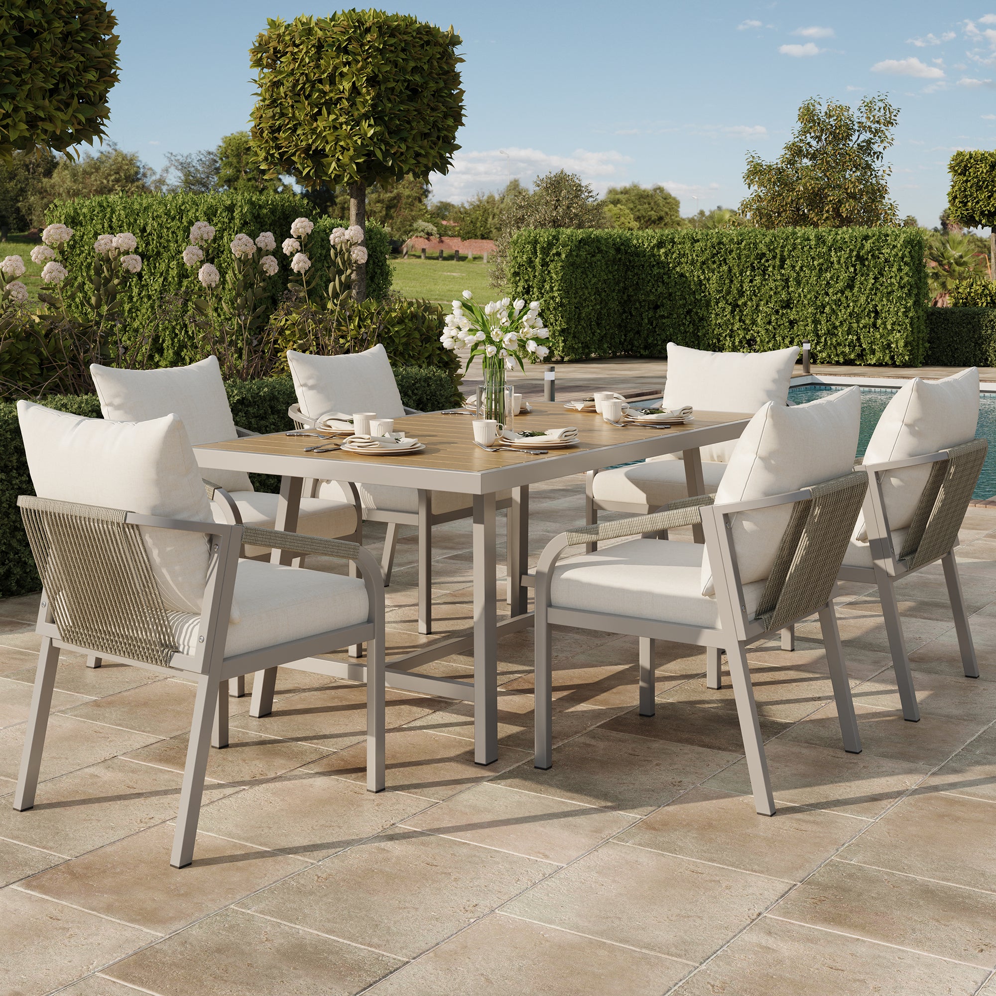 Conjunto de muebles de jardín de 6 plazas con respaldo de cuerda trenzada: Mesa de comedor + 6 sillas - Acero galvanizado y tablero de WPC - Caqui - 2