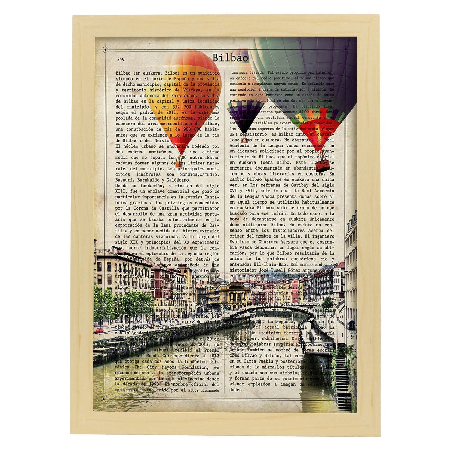 Lamina ciudad de bilbao. estilo vintage. ilustracion con la historia de bilbao. marco blanco - a3