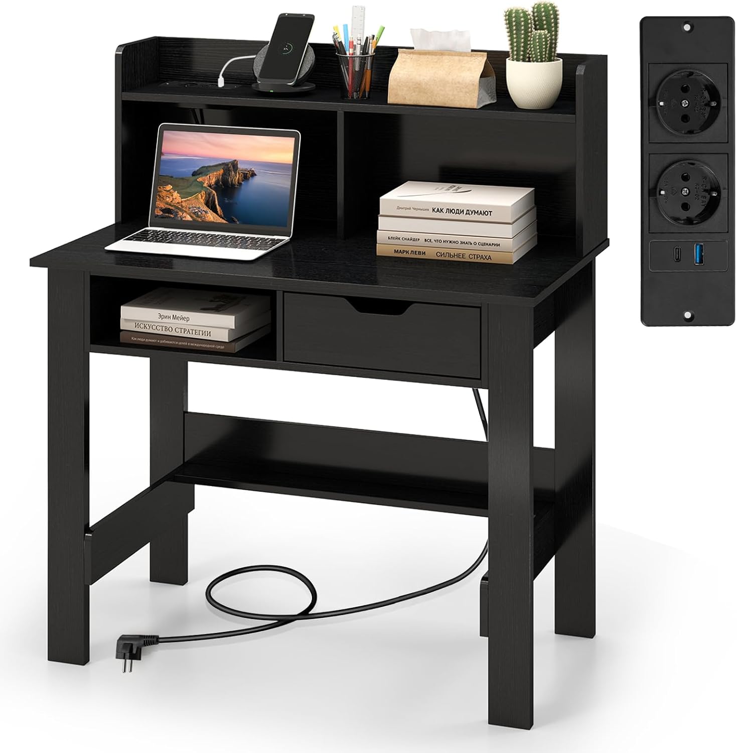 Lufeiya Scrivania Per Computer Bianca Con Presa Di Corrente E Porte USB - Tavolo Studio Con Gancio