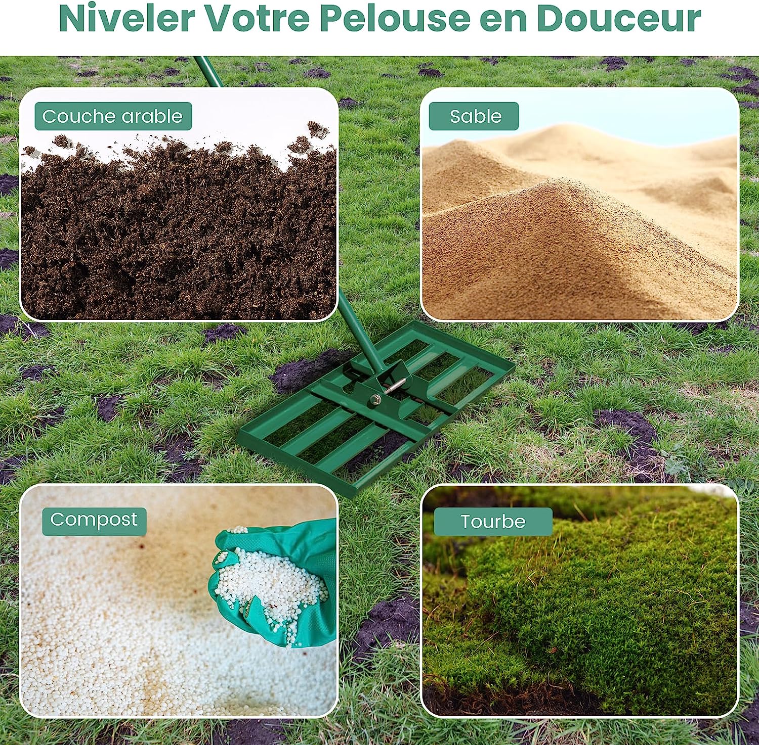 Râteau de Nivellement de Pelouse, Outil de Nivellement de Sol Robuste 75 x 25 cm avec Poignée de 170 cm, Niveleur de Sol, Vert - 4