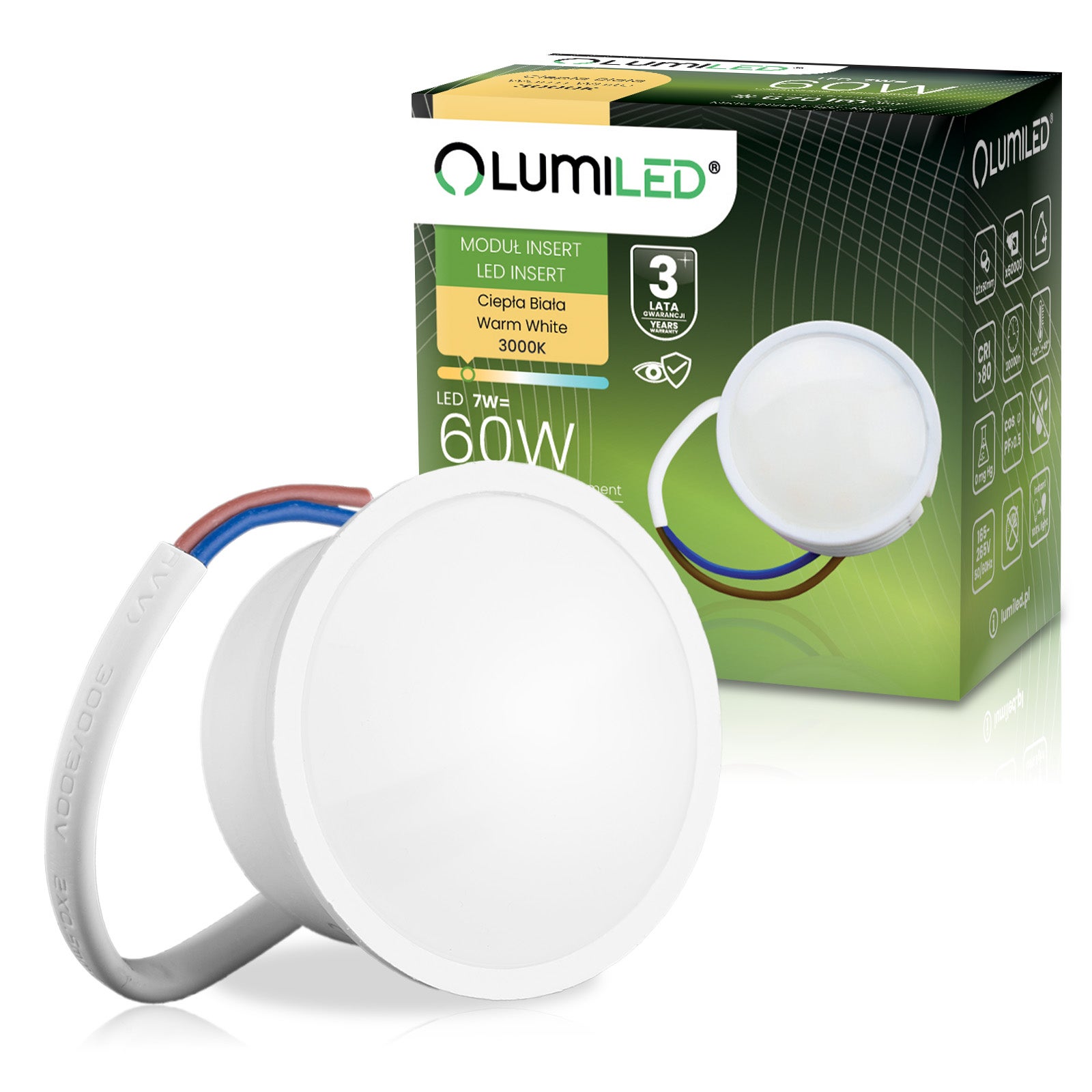 Wkład do Opraw Lumiled LED Żarówka Moduł Insert Reflektor 7W 670lm 3000K Ciepła biel 120st 1 szt.