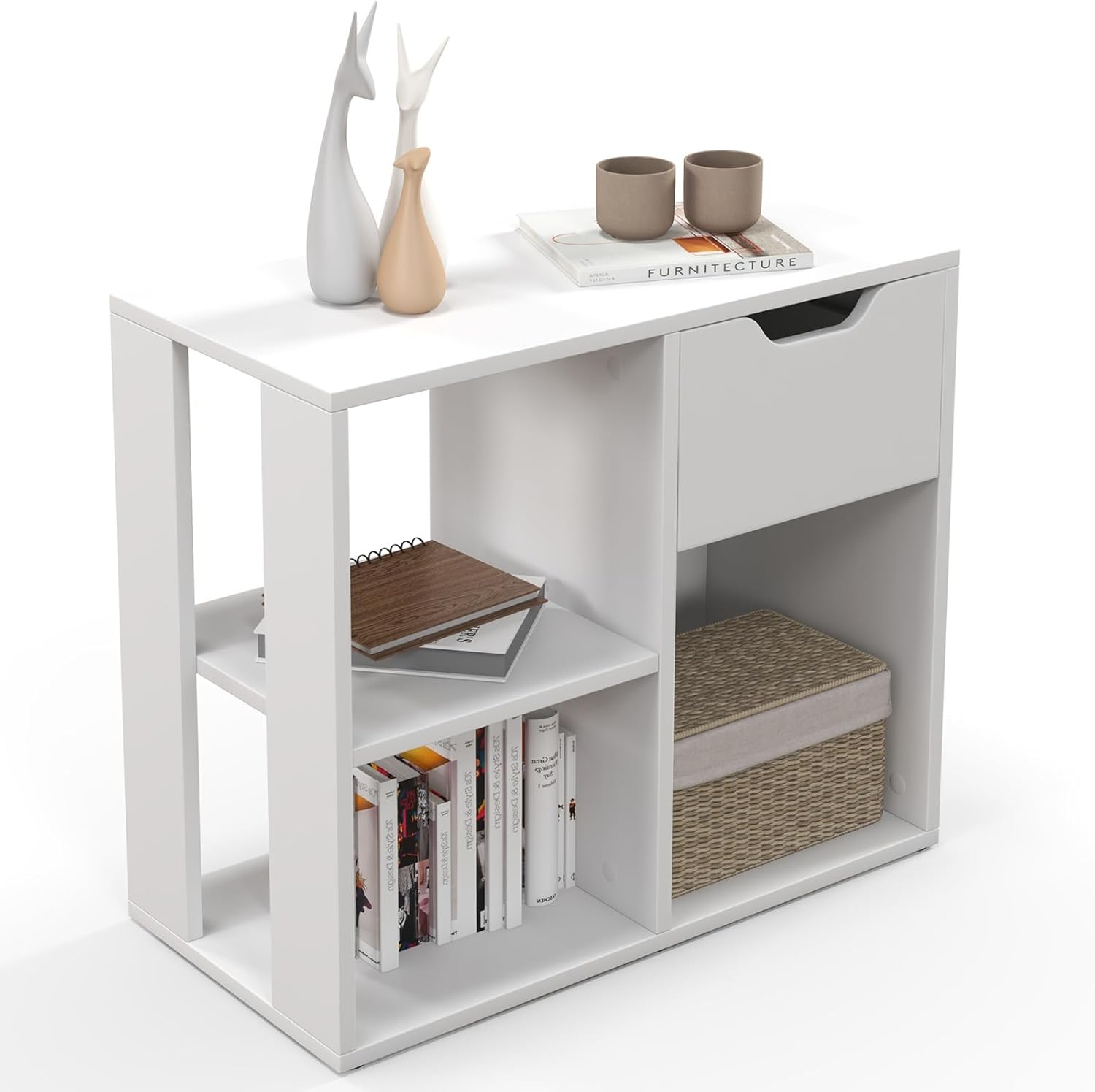 Niska Biblioteczka z 3 Przegrodami i Szufladą, Mebel do Przechowywania z 2 Otwartymi Półkami i 1 Szufladą, do Salonu, Sypialni, 60 × 30 × 53 cm, Biały