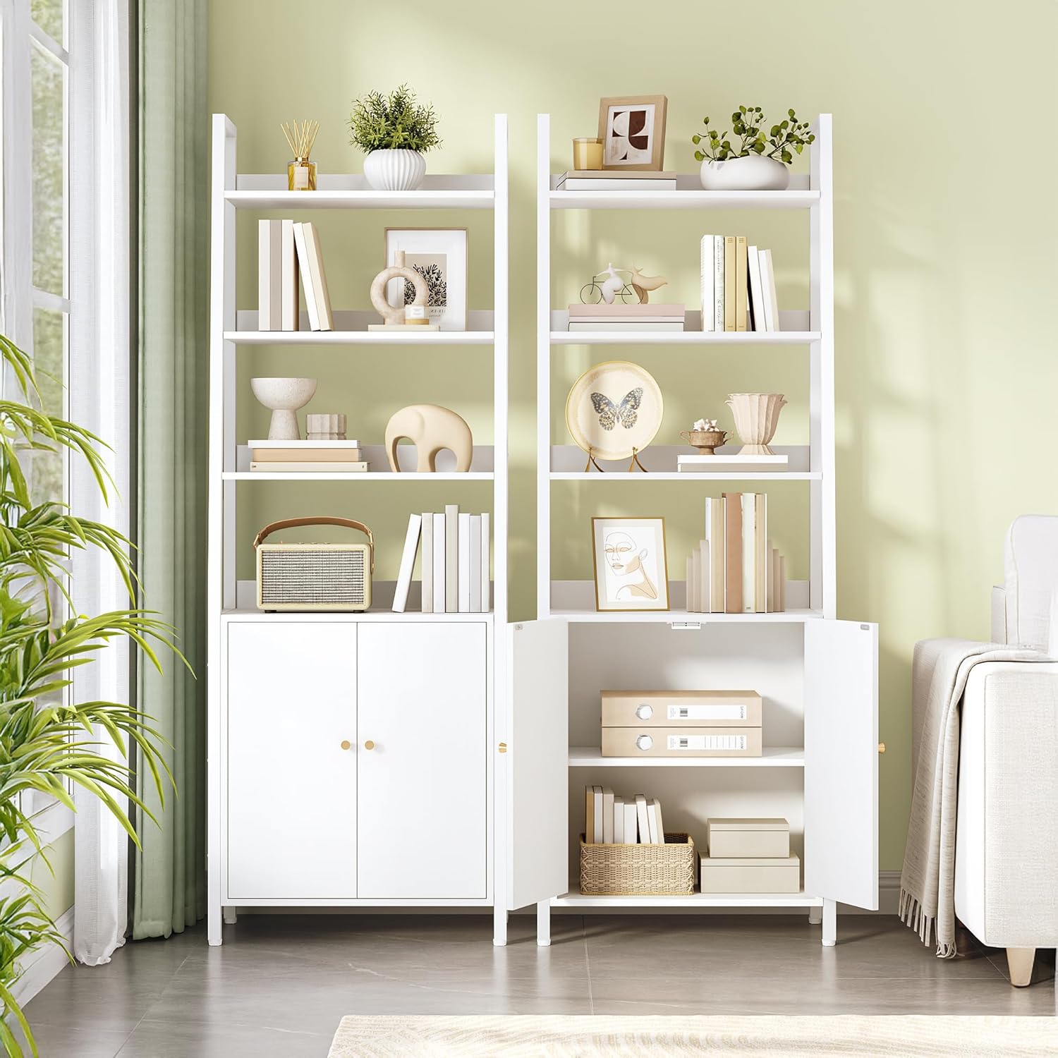 Libreria Scaffale a 6 Ripiani con Ante, Libreria Verticale a Scaletta, Librerias con 4 Ripiani Aperti,Struttura in Acciaio,Ripiani Regolabili,Bianco - 3