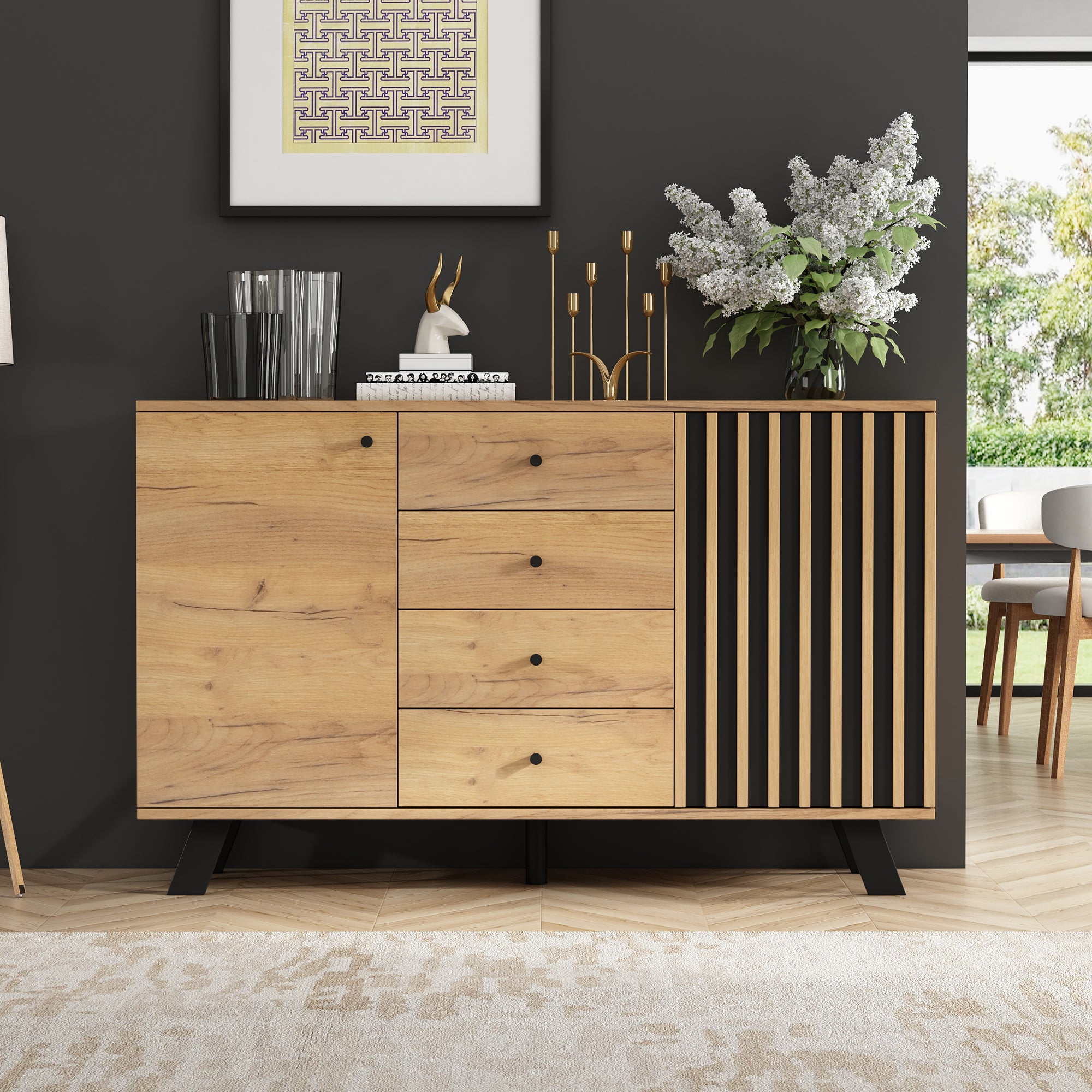Buffet avec 2 portes et 4 tiroirs - 120 x 38 x 75 cm - MDF + pieds en bois massif - Noir + Naturel - 2