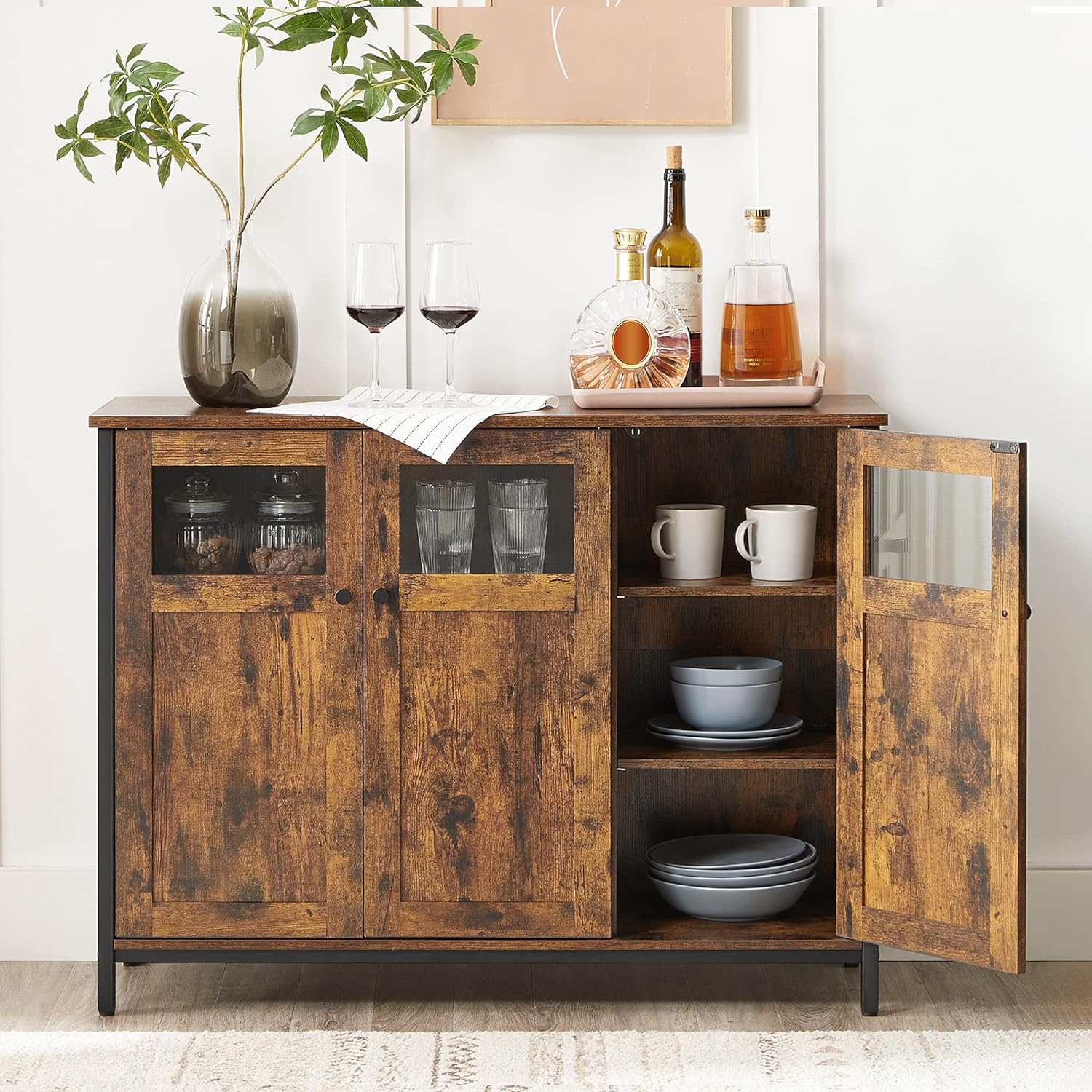 Genérico Marrón Armario Buffet De 3 Puertas De Cristal Y Madera - Rústico - Imagen 3