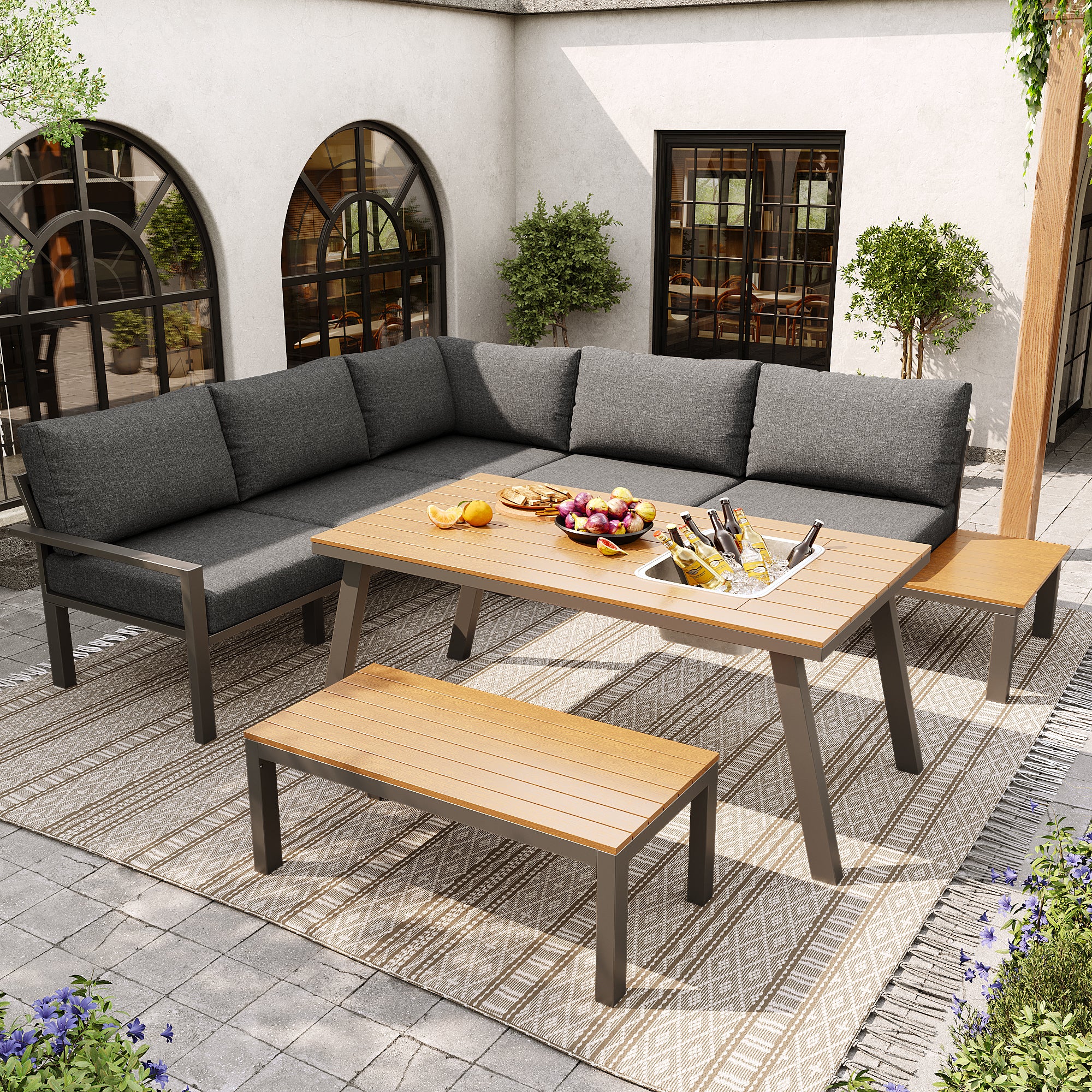 Muebles de jardín modulares en hierro galvanizado: 1 sofá esquinero de 6 plazas + 1 banco + 1 mesa de comedor - Gris + natural - 4