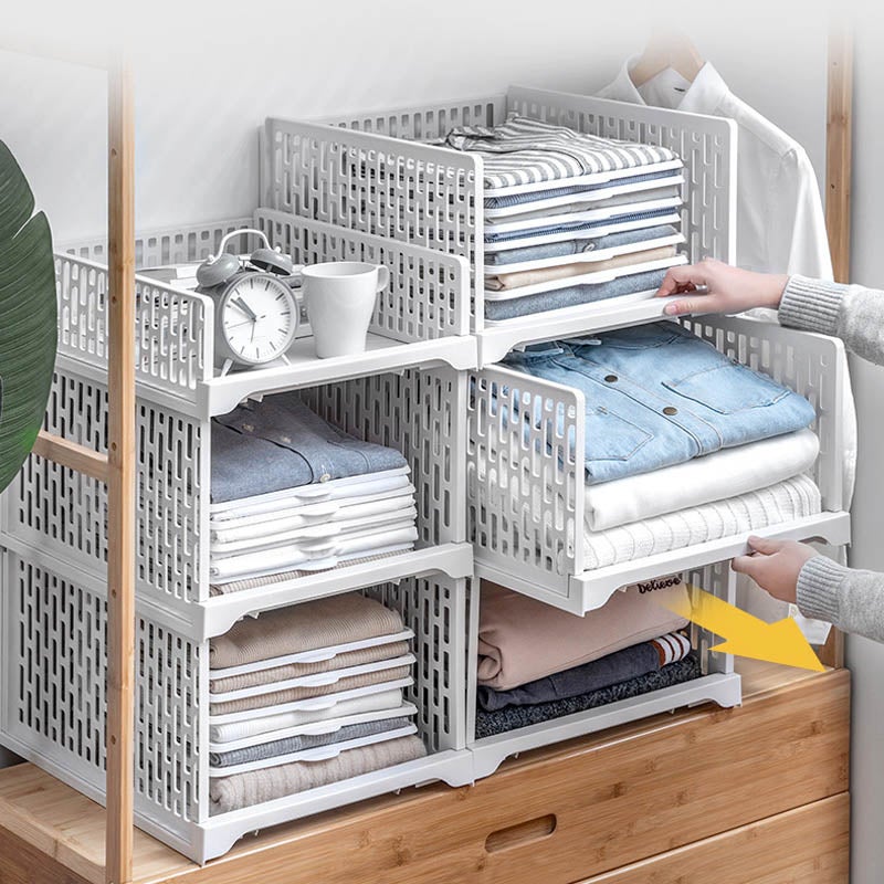 Lot de 2 organiseurs de placard empilables en plastique – boîtes de rangement ventilées pour vêtements, serviettes et séparation efficace d’étagères - 3