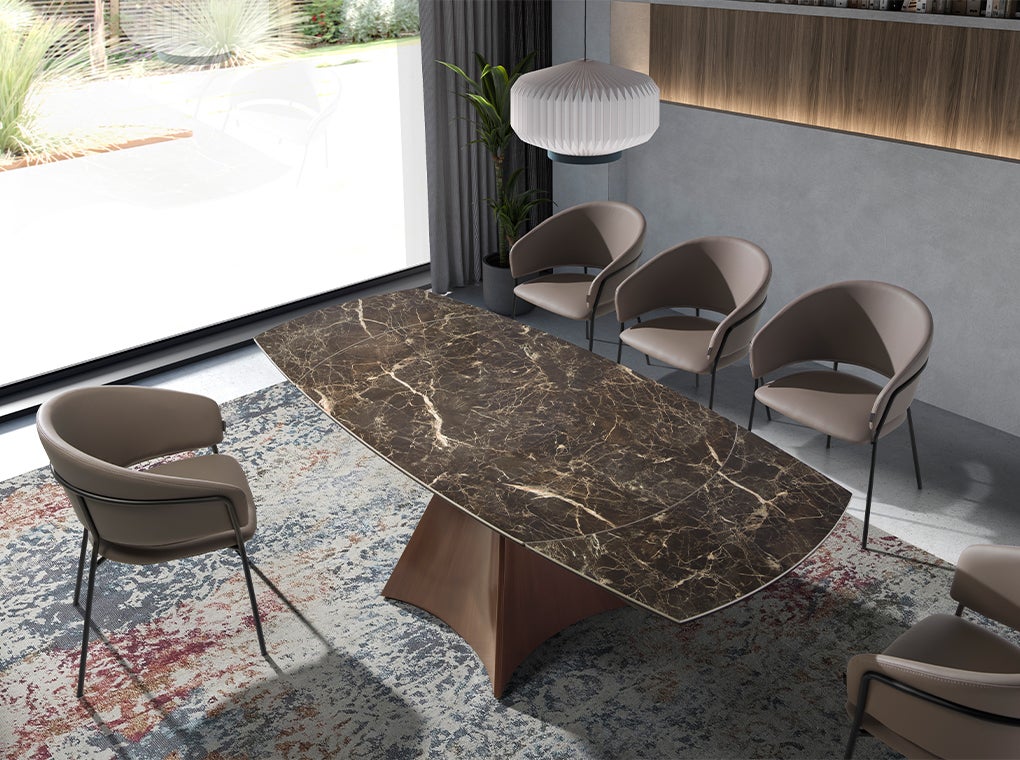 Table à manger à rallonge baril ovale marbre porcelaine et acier effet noyer Ø135 x 90 x 75 cm - 4