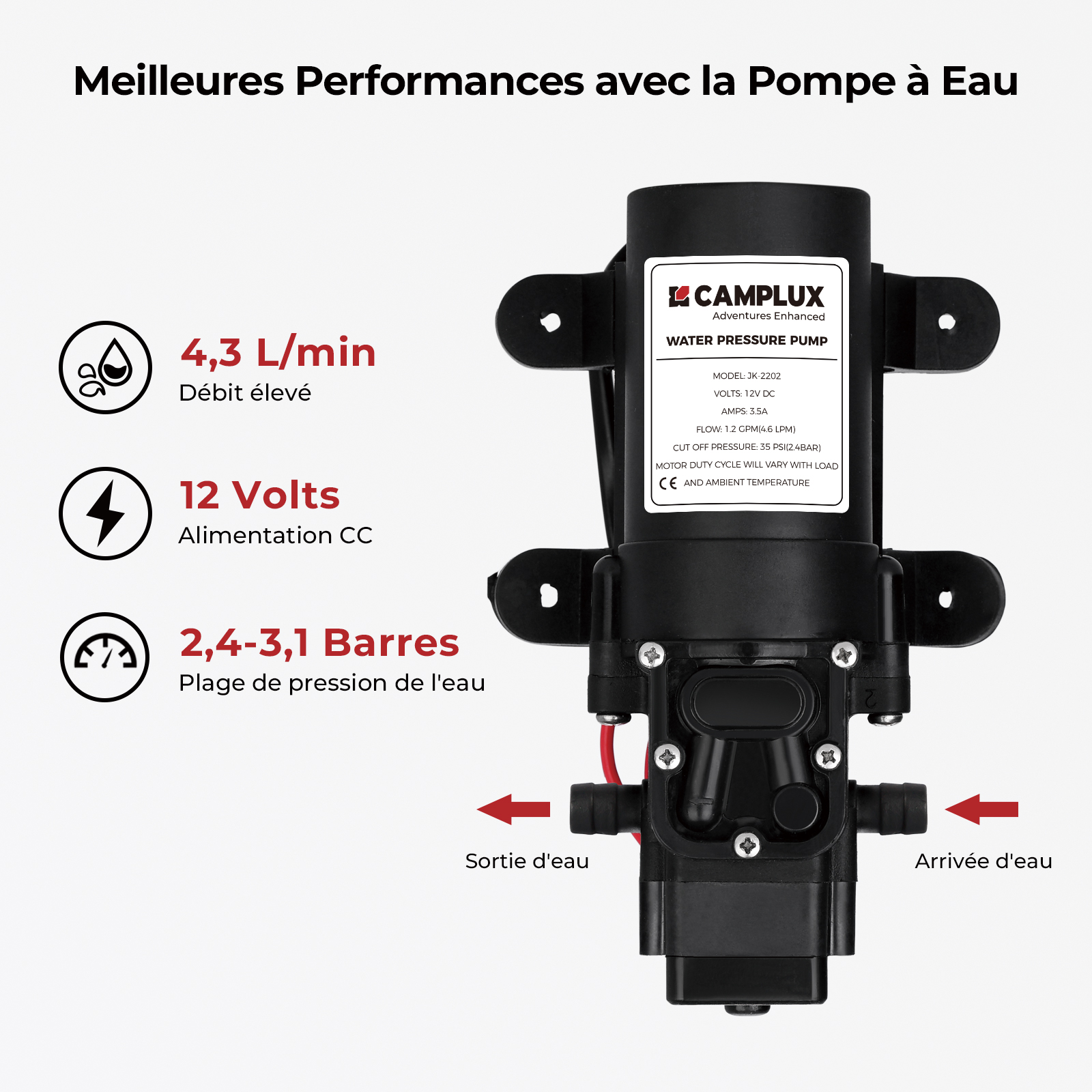 CAMPLUX AY132P43 5L Chauffe-eau à Gaz Propane (37mbar) /Butane (28-30mbar) Instantané avec Pompe à eau 4.3L [Classe énergétique A+] - 4